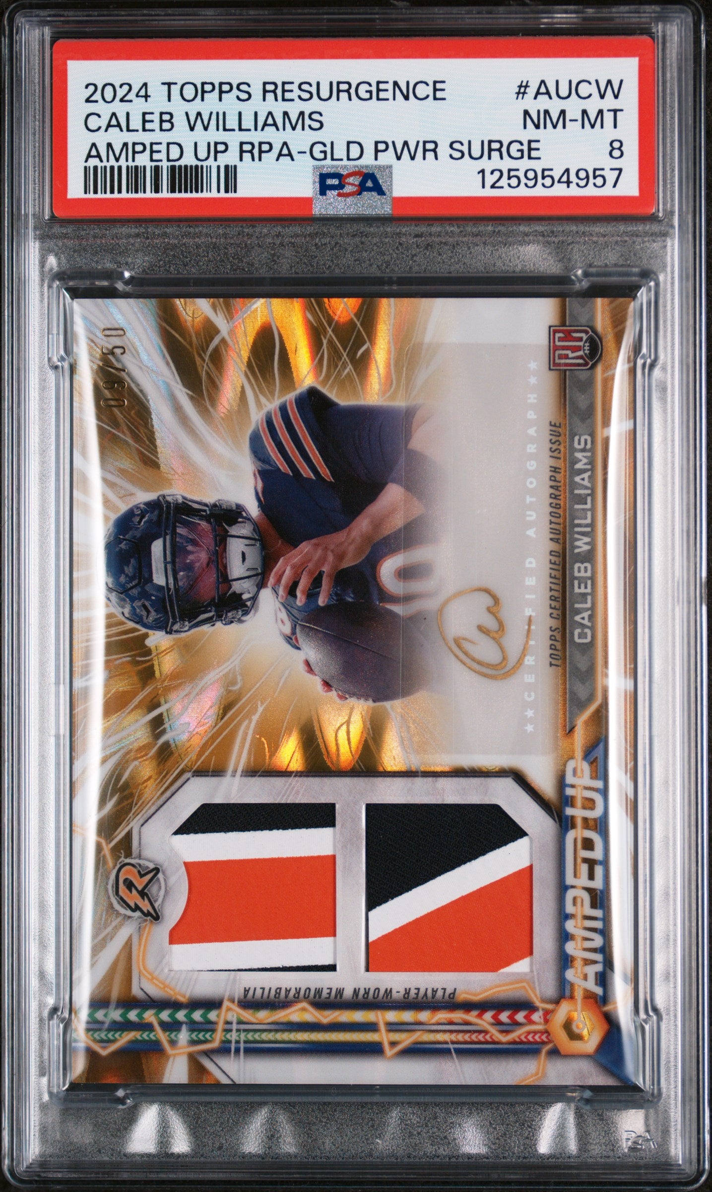 2024 Topps Resurgence Amped Up Rookie Patch Autographs Gold Power Surge Caleb Williams #AUCW /50 PSA 8
