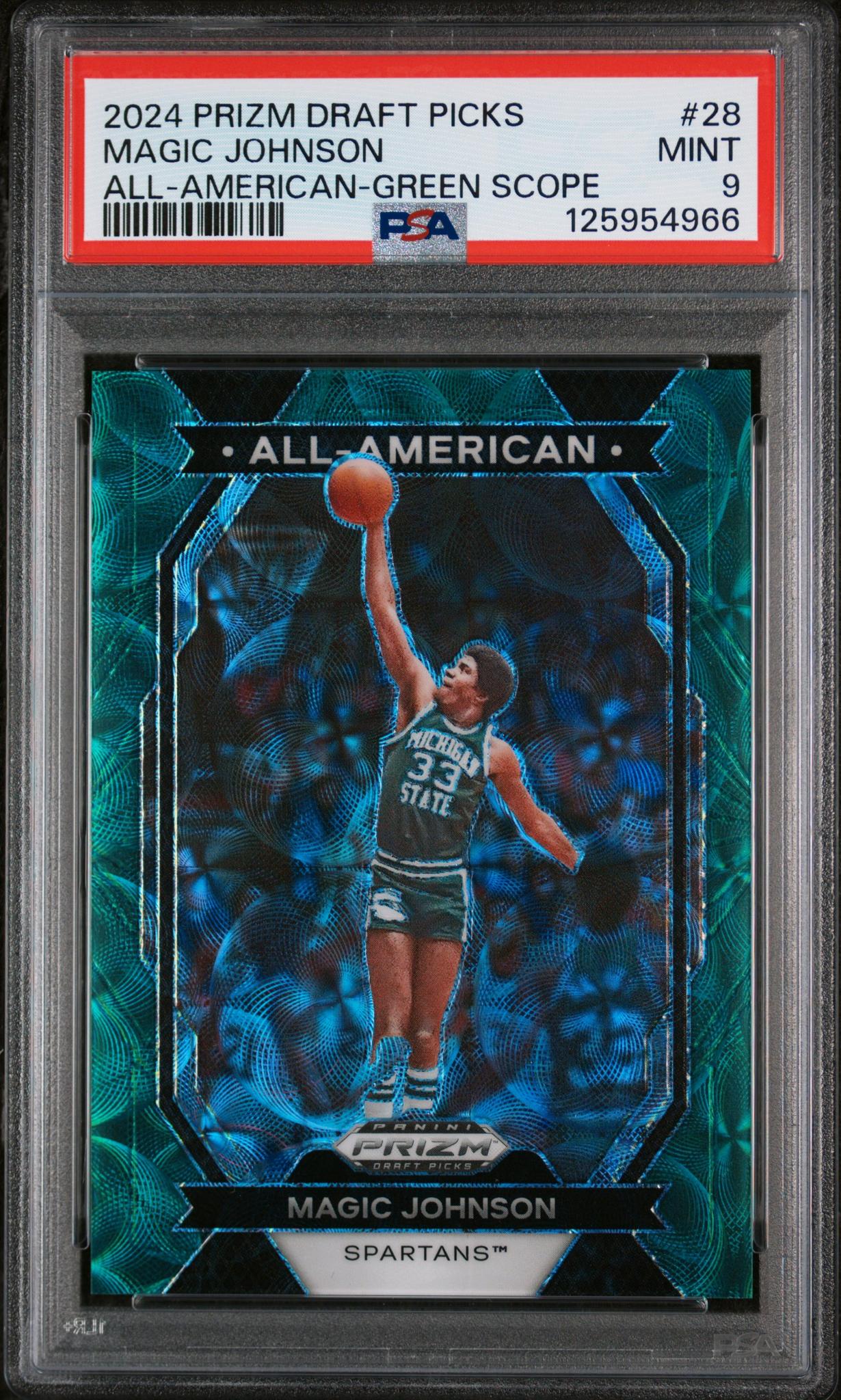 2024 Panini Prizm Draft Picks All-American Green Scope Magic Johnson #28 /8 PSA 9