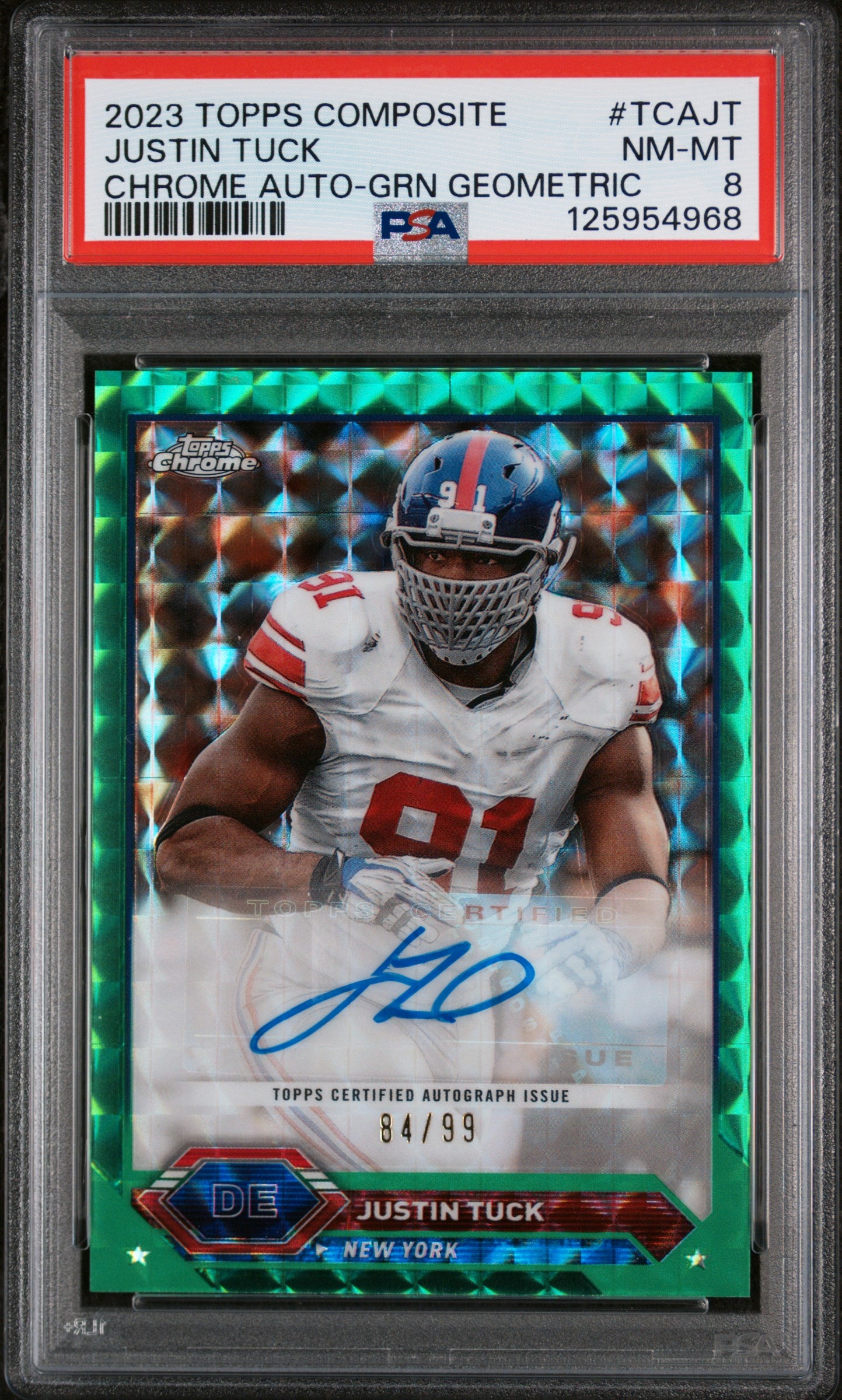 2023 Topps Composite Topps Chrome Autographs Green Geometric Justin Tuck #TCAJT /99 PSA 8