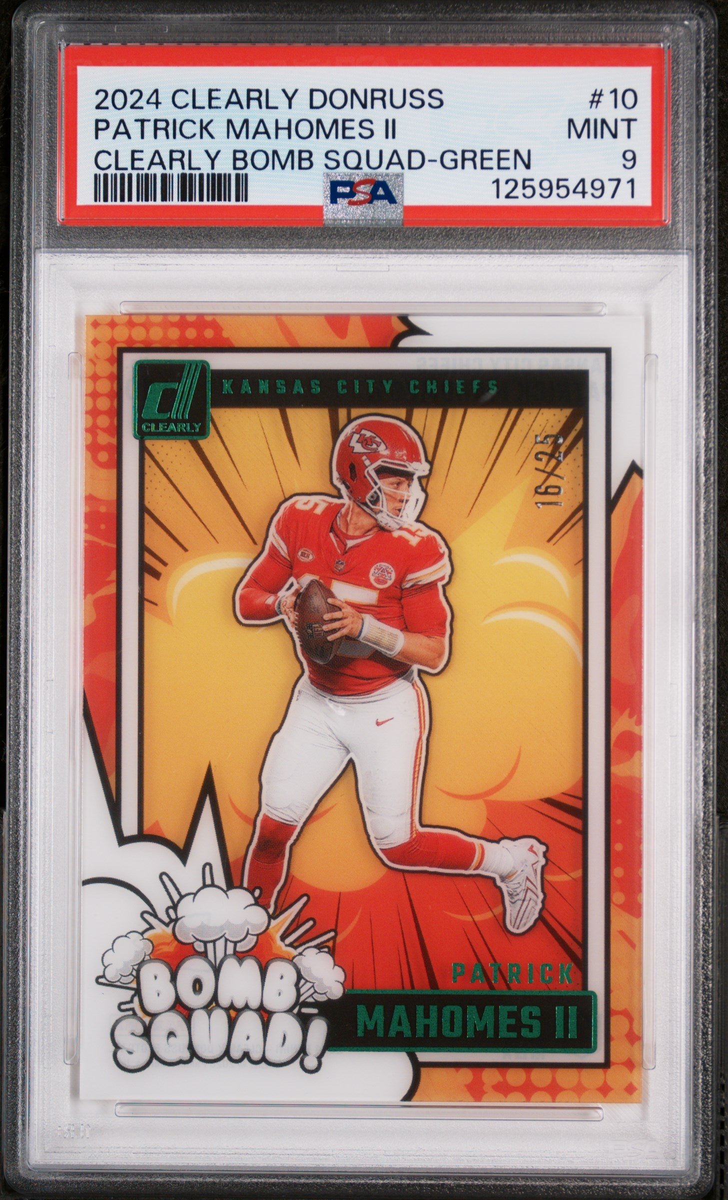 2024 Panini Clearly Donruss Clearly Bomb Squad Green Patrick Mahomes II #10 /49 PSA 9
