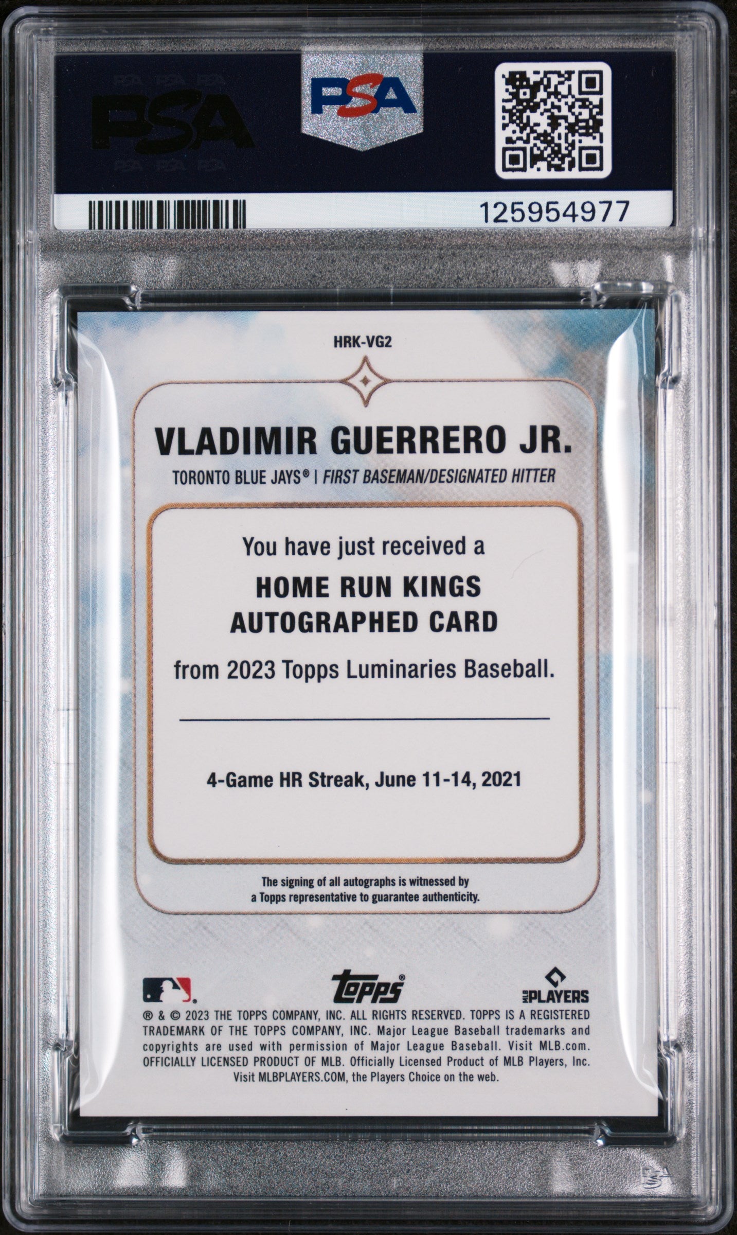 2023 Topps Luminaries Home Run Kings Autographs Home Run Kings Auto-Red Vladimir Guerrero Jr. #HRKVG2 /10 PSA 10