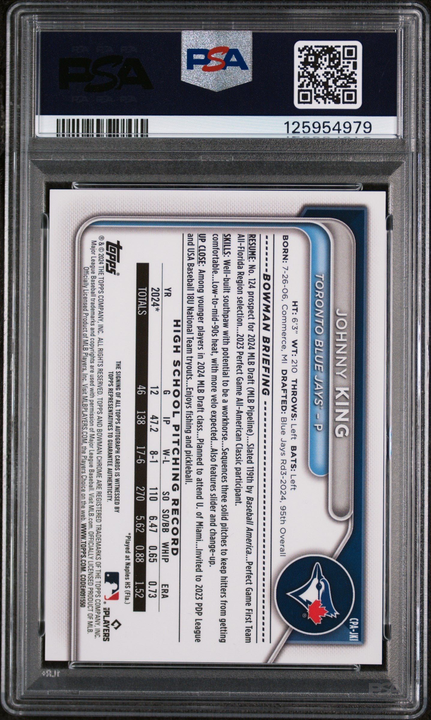 2024 Bowman Draft Chrome Prospect Autographs Johnny King #CPAJKI PSA 9