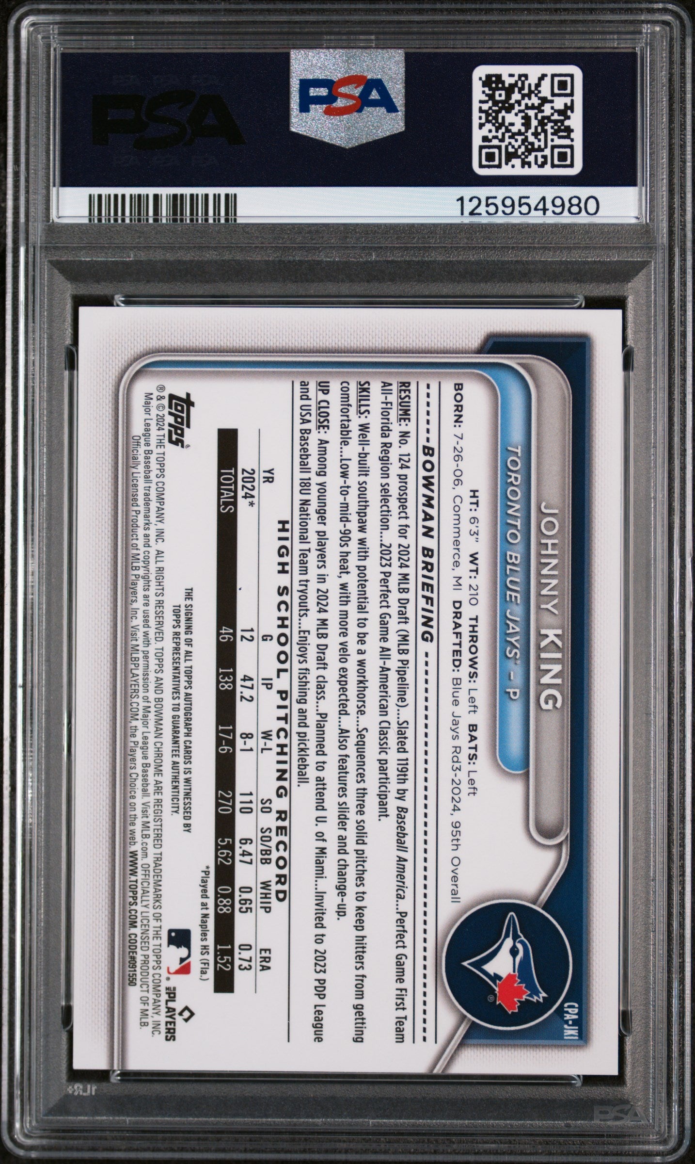2024 Bowman Draft Chrome Prospect Autographs Johnny King #CPAJKI PSA 9