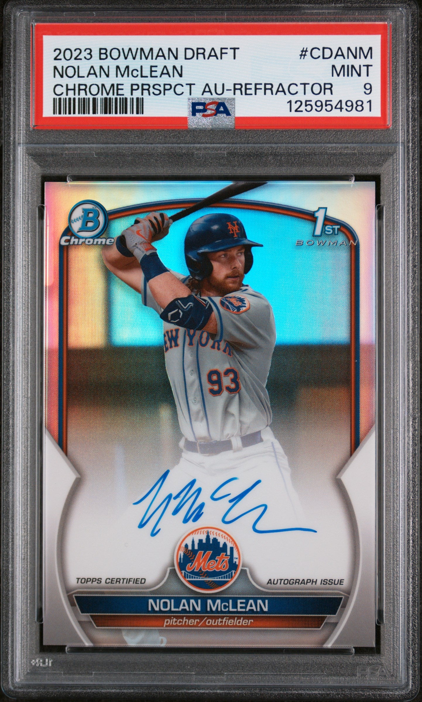 2023 Bowman Chrome Draft Autographs Refractors Nolan Mclean #CDANM /499 PSA 9