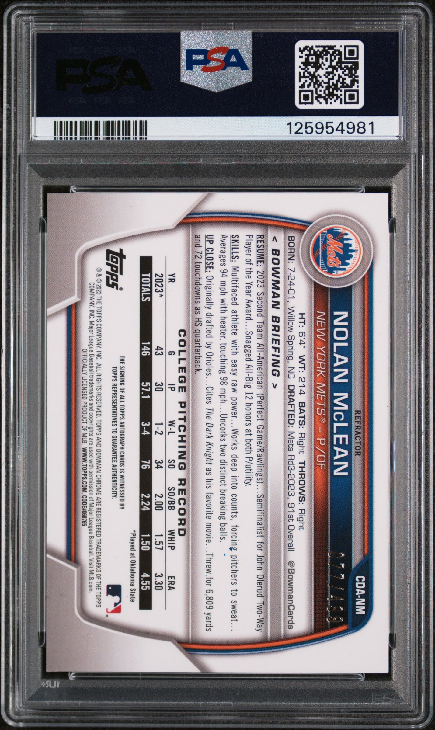 2023 Bowman Chrome Draft Autographs Refractors Nolan Mclean #CDANM /499 PSA 9