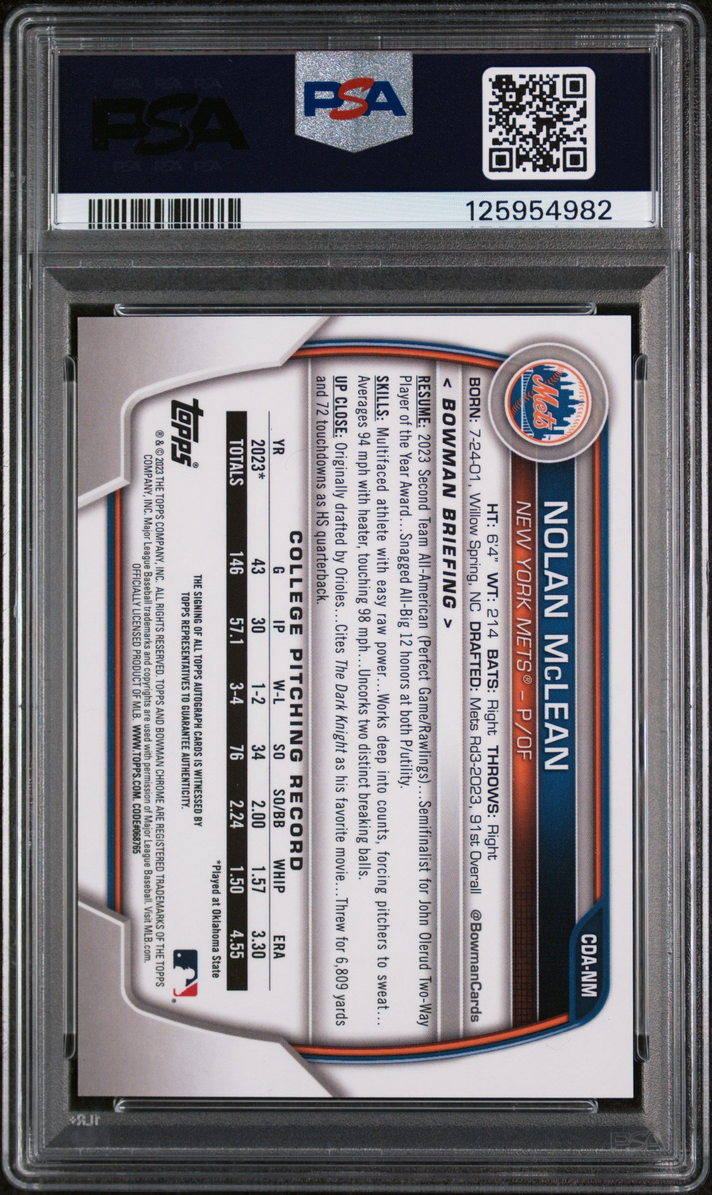 2023 Bowman Draft Chrome Autograph Nolan Mclean #CDANM PSA 10