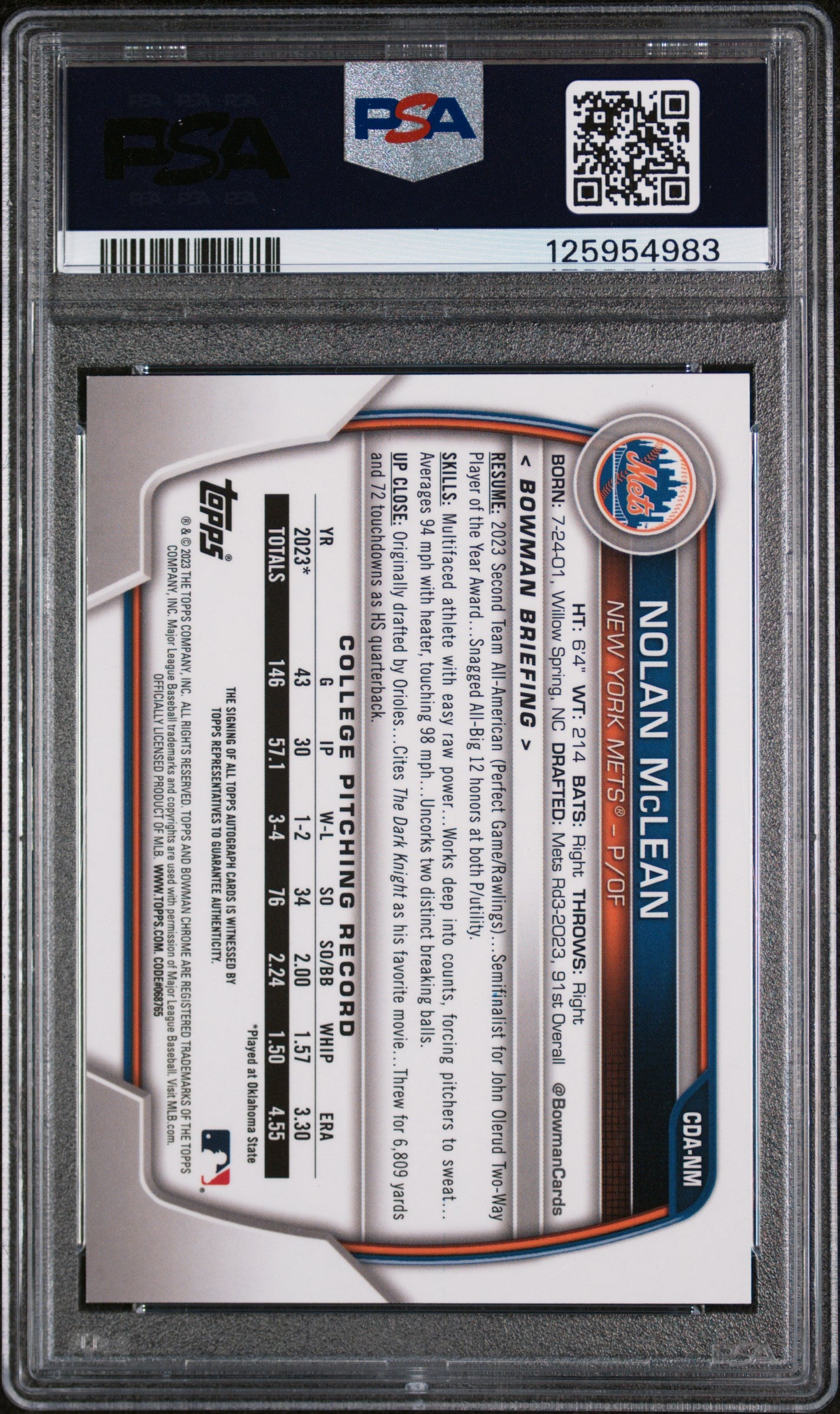 2023 Bowman Draft Chrome Autograph Nolan Mclean #CDANM PSA 9