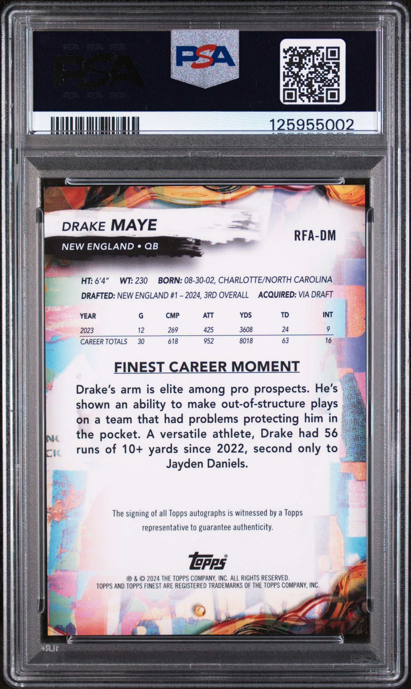 2024 Finest Rookie Finest Autograph Drake Maye #RFADM PSA 9