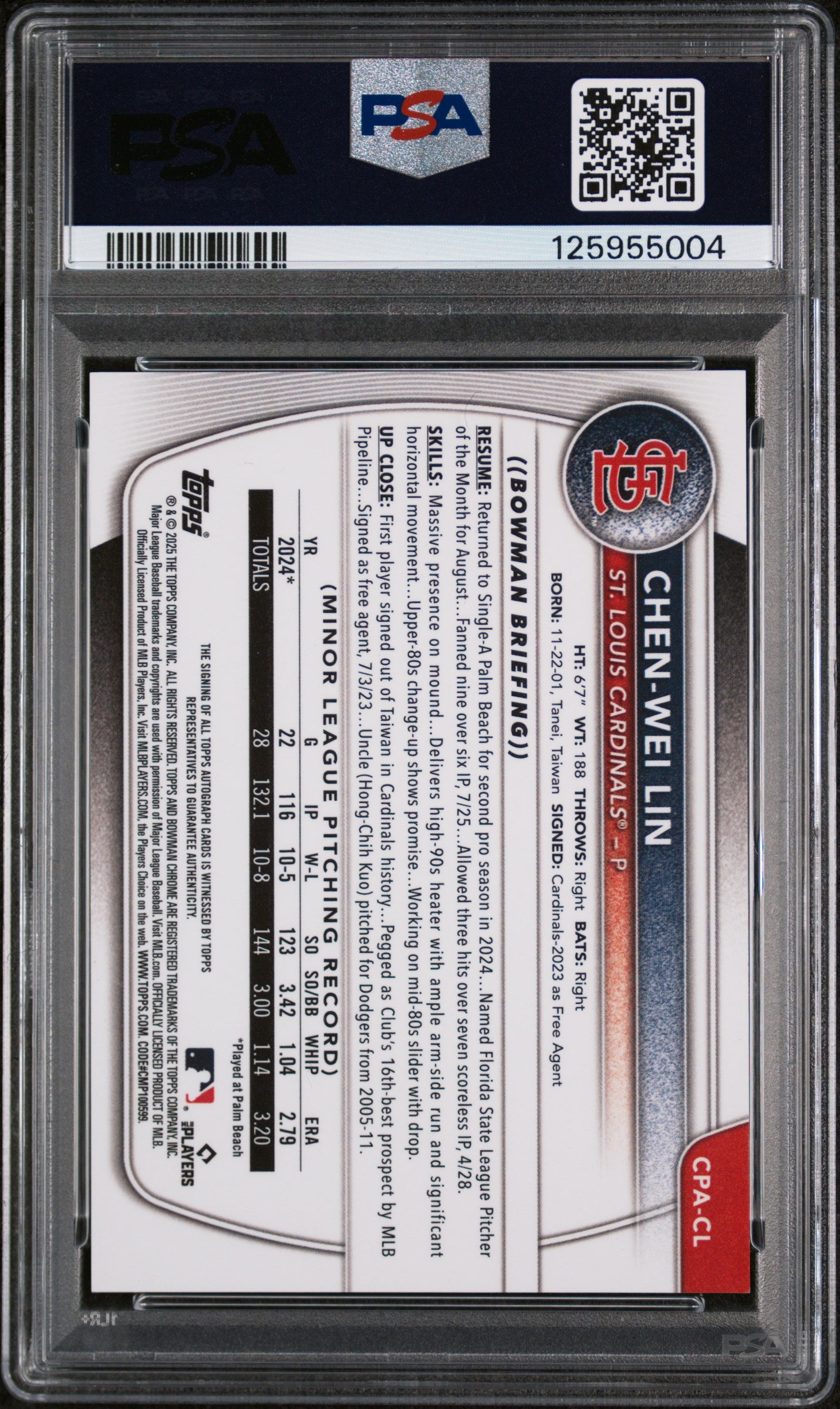 2025 Bowman Chrome Prospect Autographs Black Refractor Chen Wei Lin #CPACL /10 PSA 9
