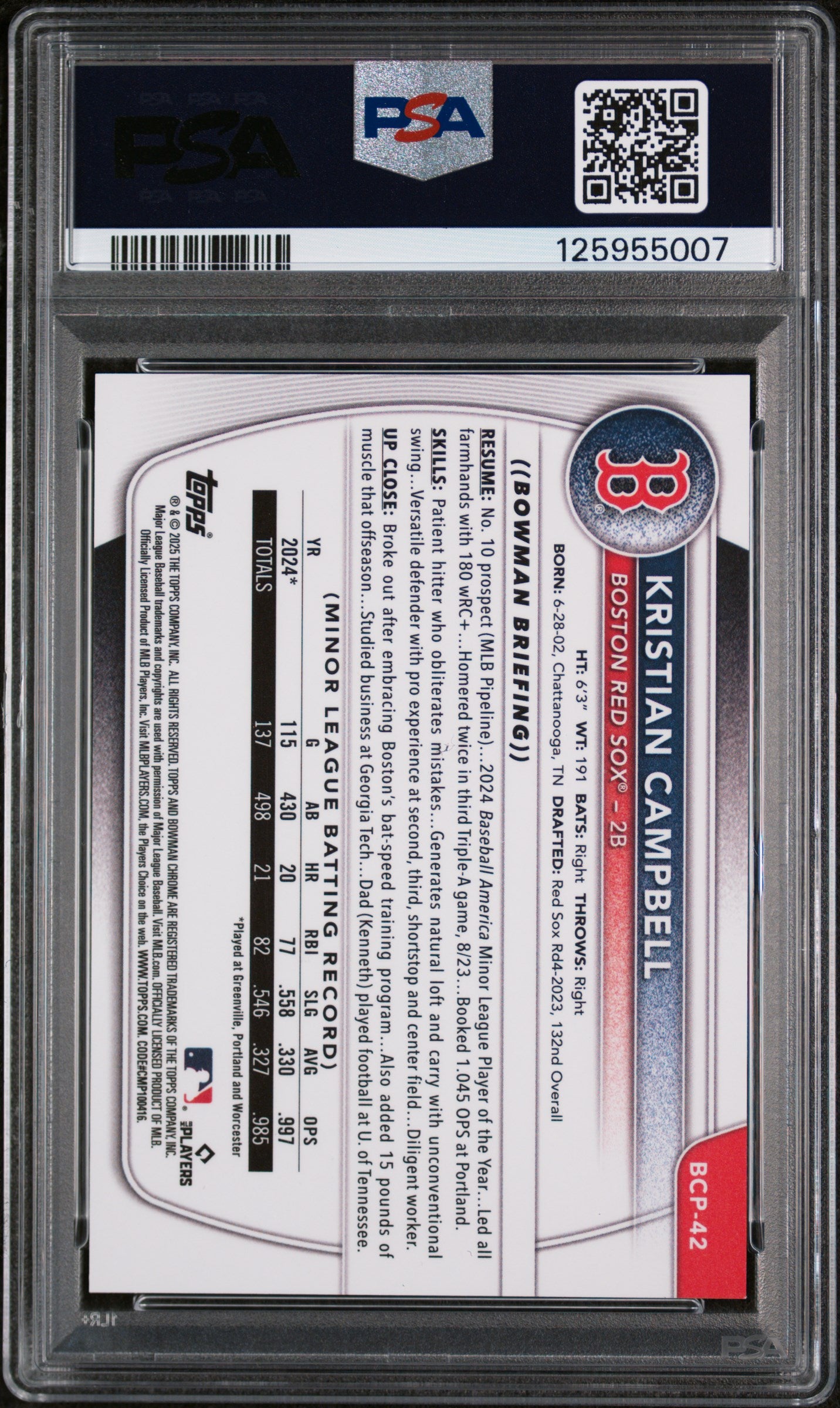 2025 Bowman Chrome Prospect Gold Refractor Kristian Campbell #BCP42 /50 PSA 9