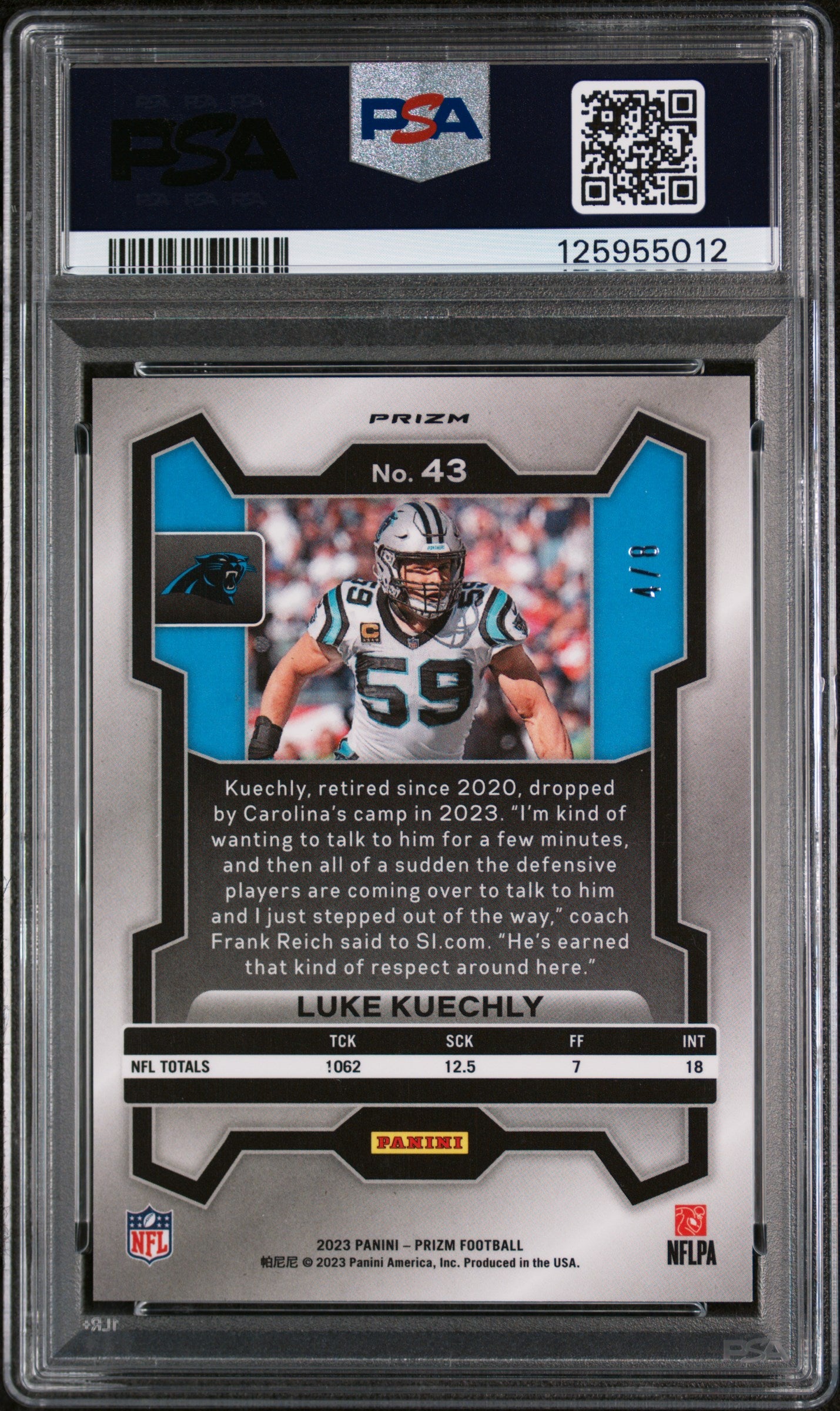 2023 Panini Prizm Green Sparkle Luke Kuechly #43 /8 PSA 10