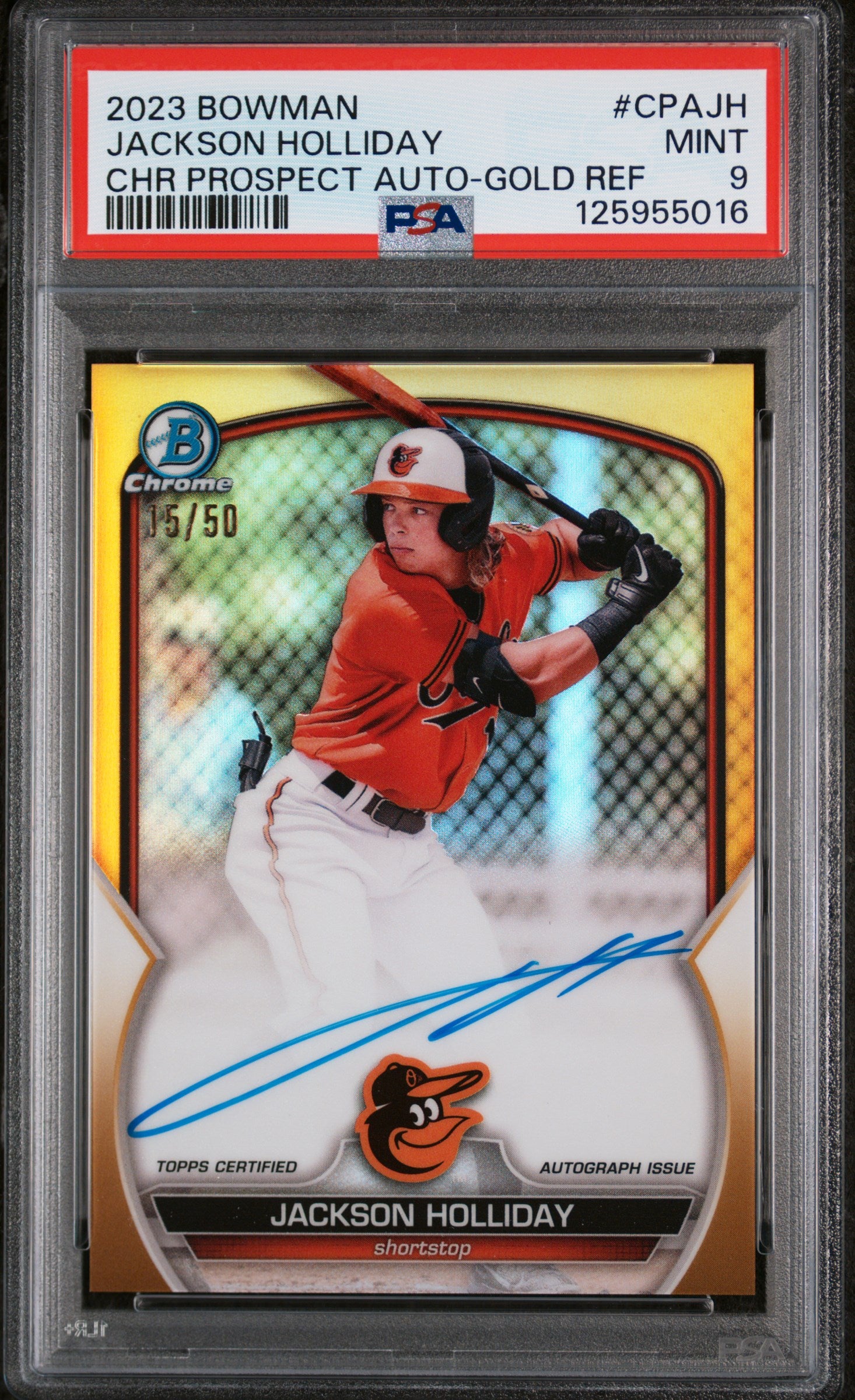 2023 Bowman Chrome Prospect Autograph Gold Refractor Jackson Holliday #CPAJH /50 PSA 9