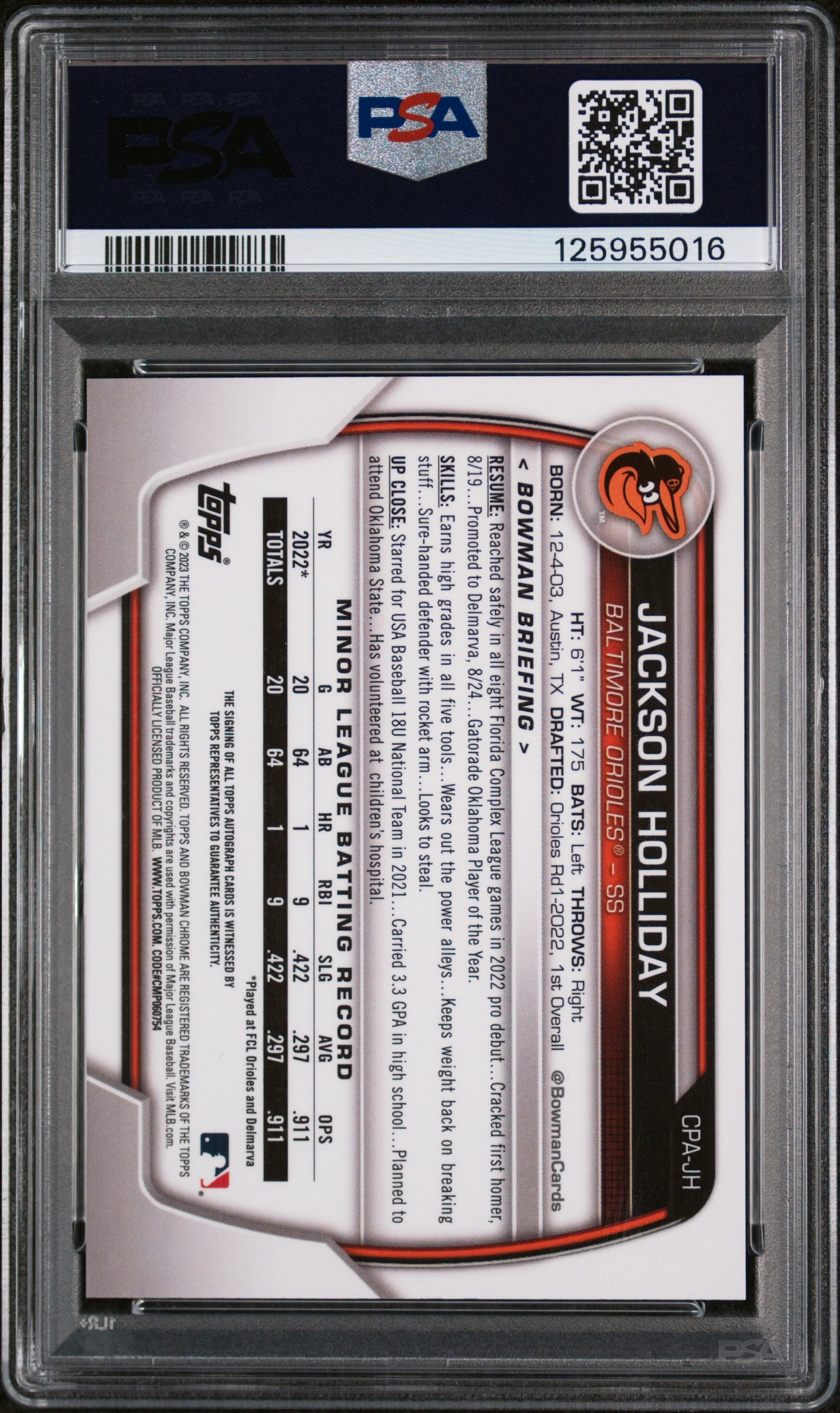 2023 Bowman Chrome Prospect Autograph Gold Refractor Jackson Holliday #CPAJH /50 PSA 9