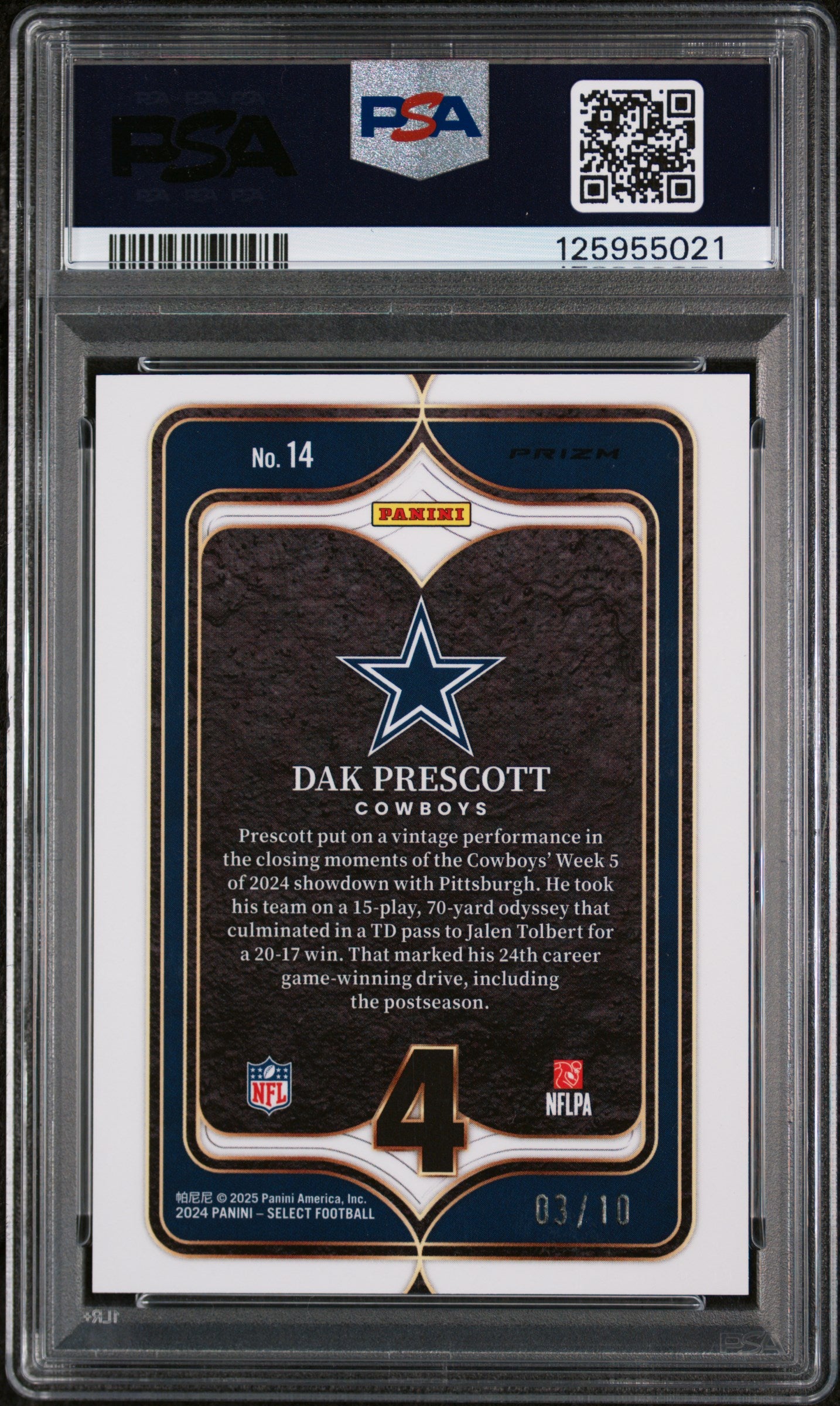 2024 Panini Select Select Numbers Gold Prizm Dak Prescott #14 /10 PSA 10