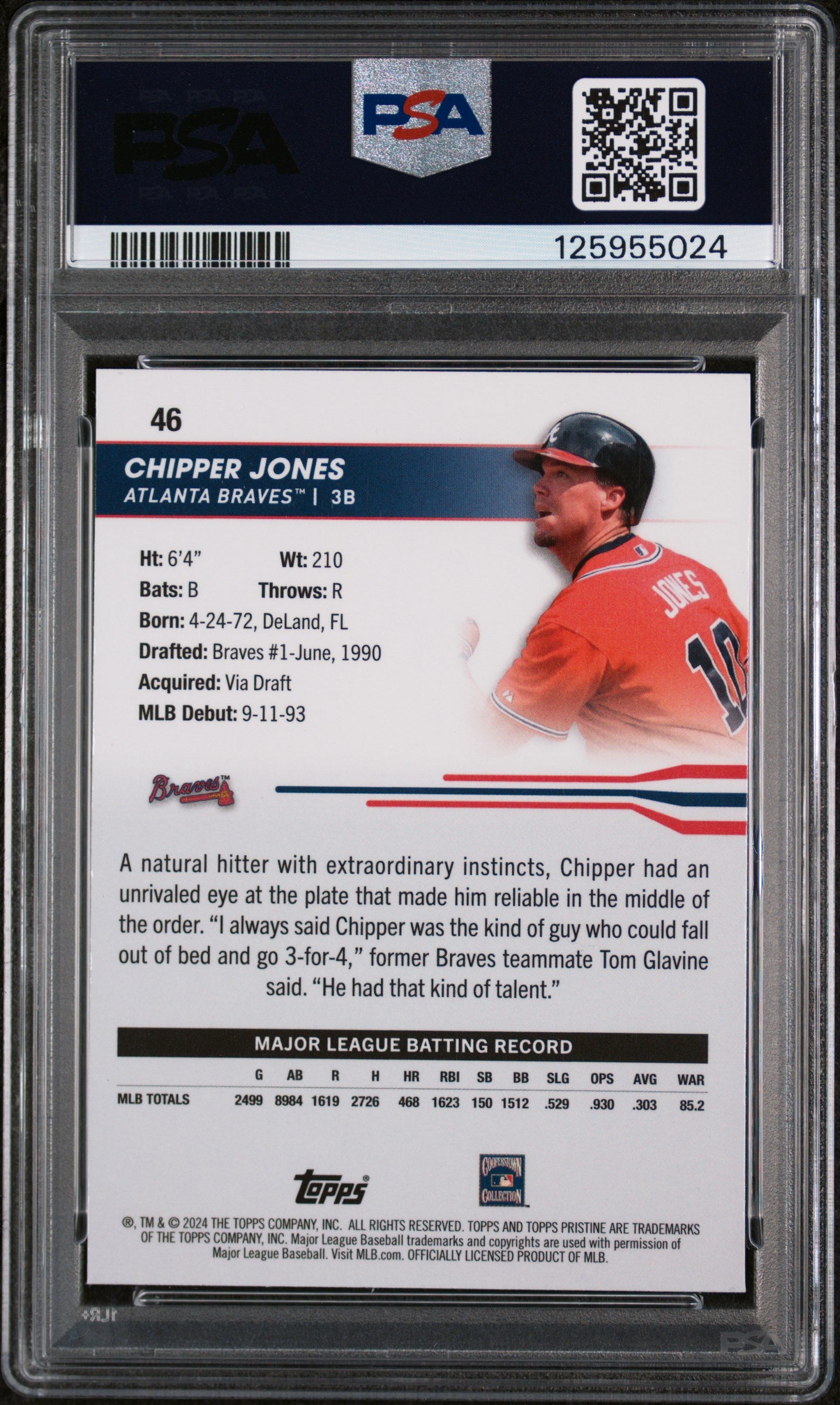 2024 Topps Pristine Orange Refractor Chipper Jones #46 /25 PSA 9