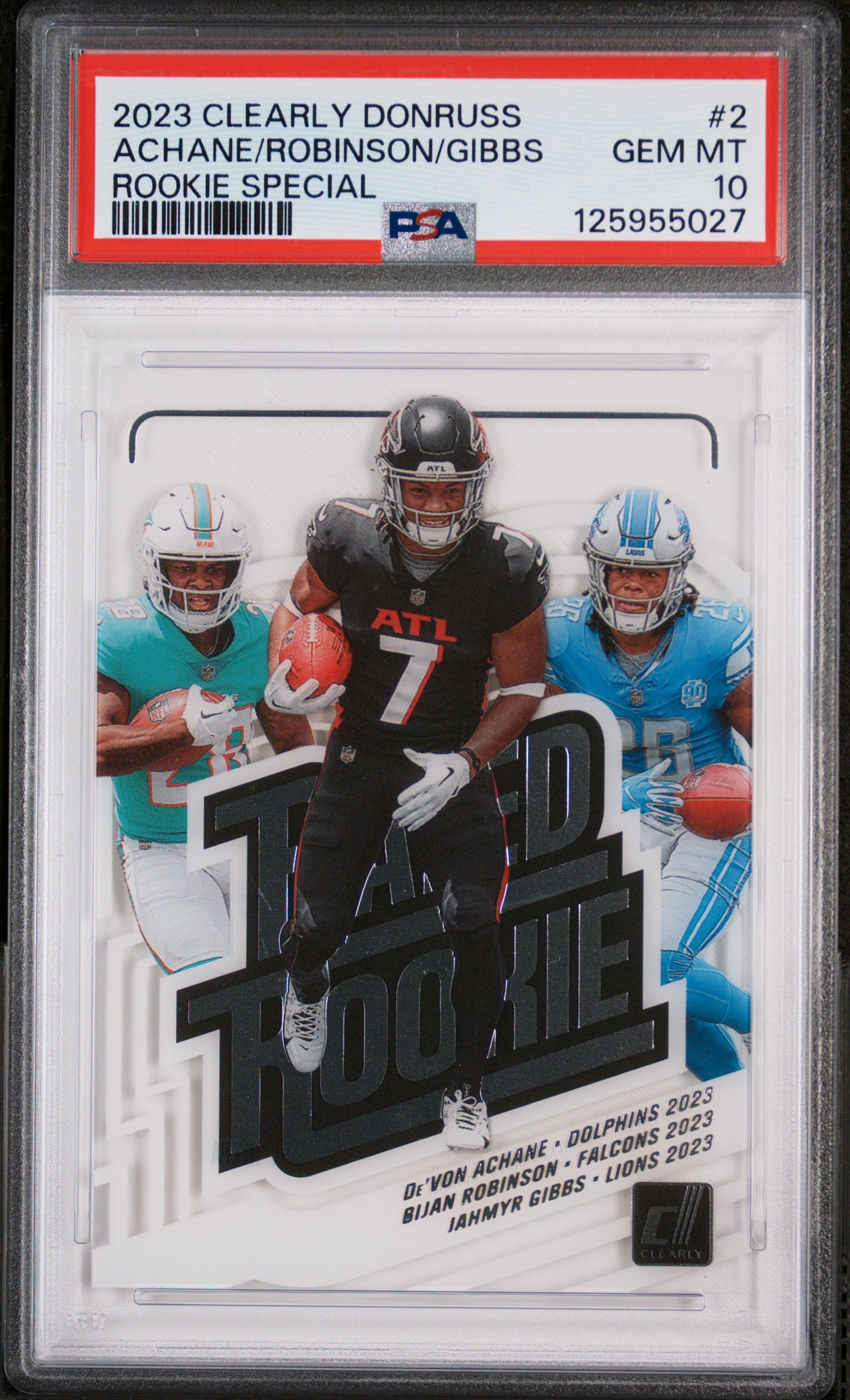 2023 Panini Clearly Donruss Rookie Special Gibbs/Robinson/Achane #2 PSA 10