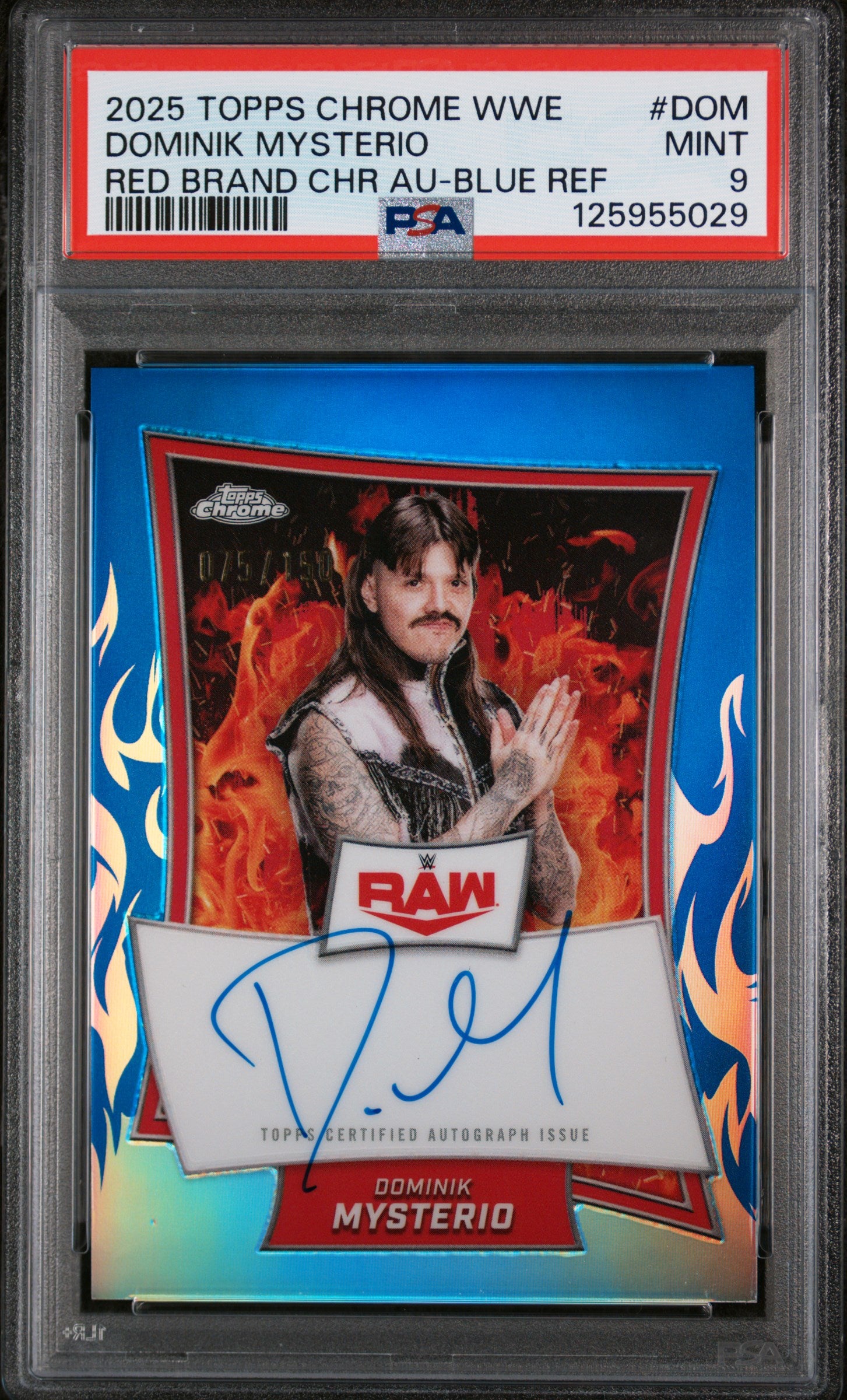 2025 Topps Chrome WWE Red Brand Chrome Autographs Blue Refractor Dominik Mysterio #DOM /150 PSA 9