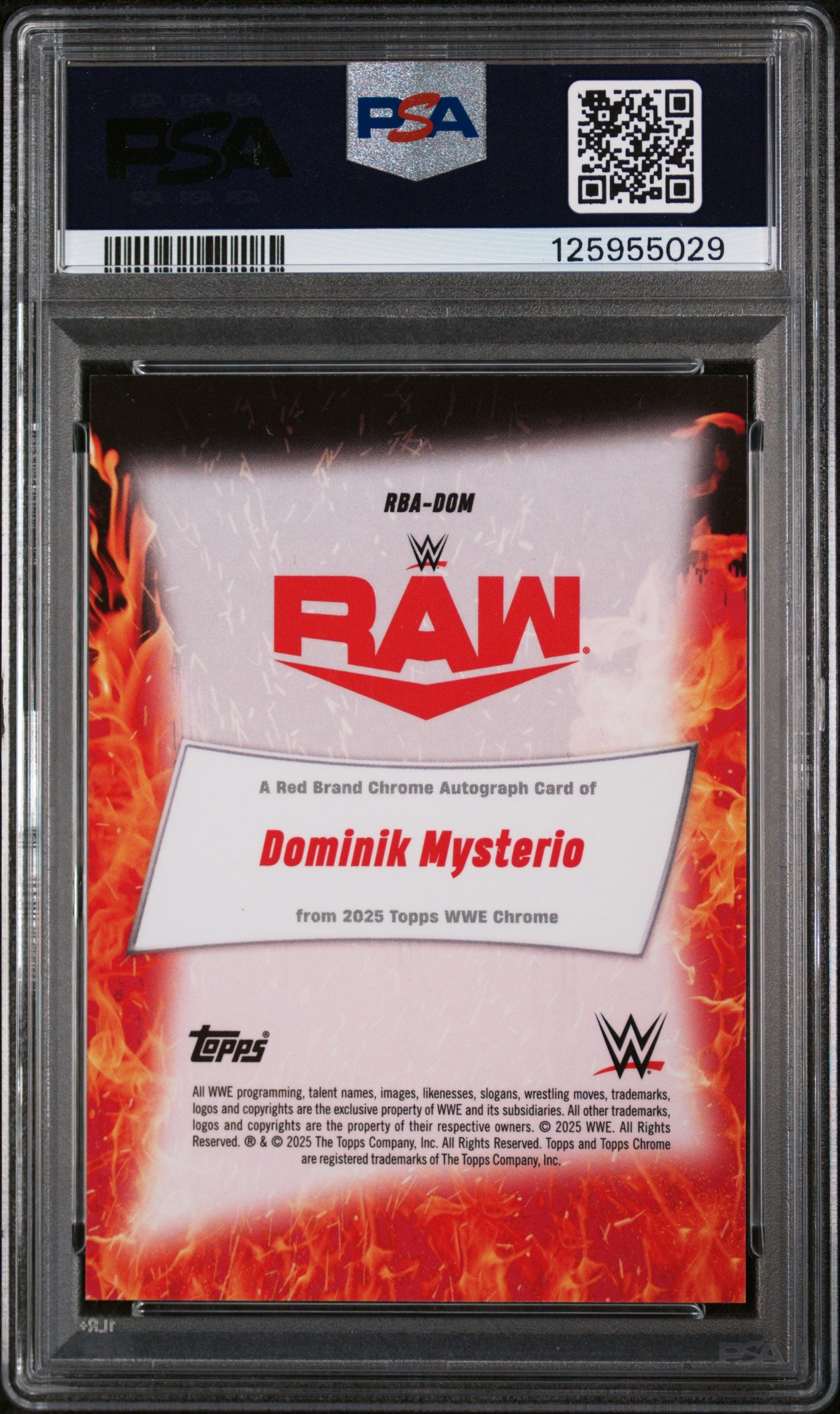 2025 Topps Chrome WWE Red Brand Chrome Autographs Blue Refractor Dominik Mysterio #DOM /150 PSA 9