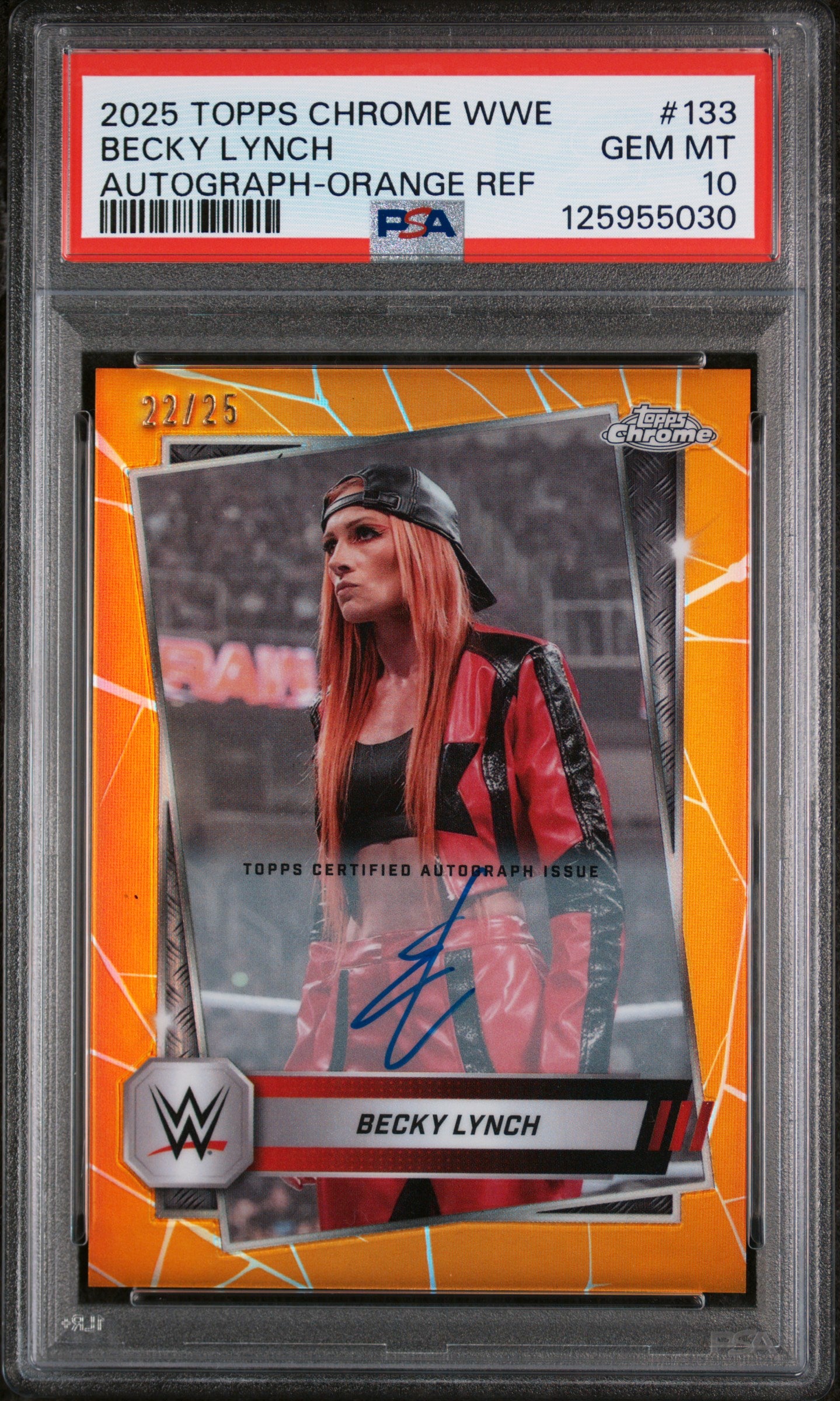 2025 Topps Chrome WWE Autograph-Orange Refractor Becky Lynch #133 /25 PSA 10