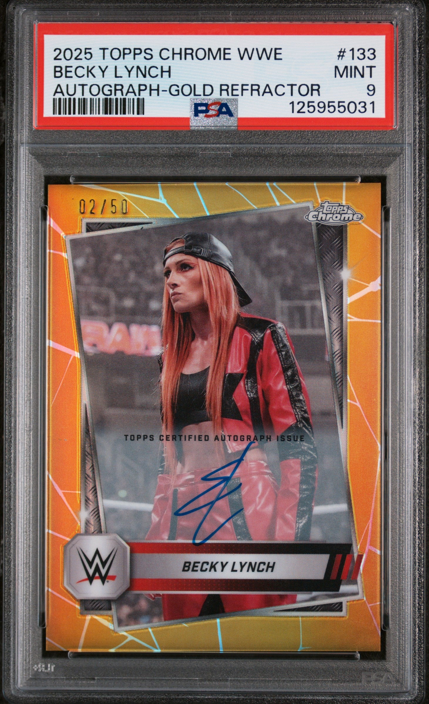 2025 Topps Chrome WWE Autograph-Gold Refractor Becky Lynch #133 /50 PSA 9