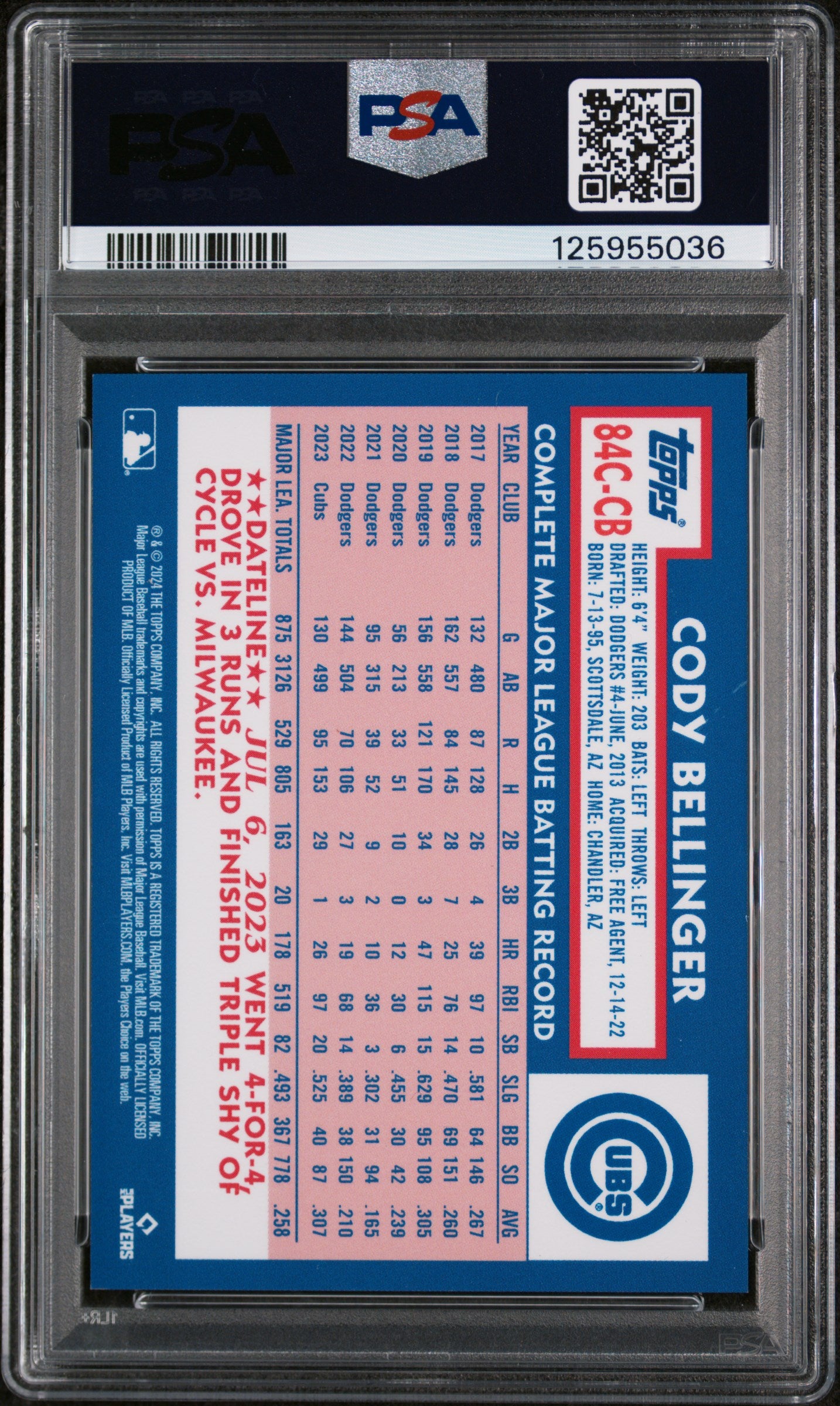 2024 Topps Chicago Cubs Season Ticket Holders Cody Bellinger #84CCB PSA 10