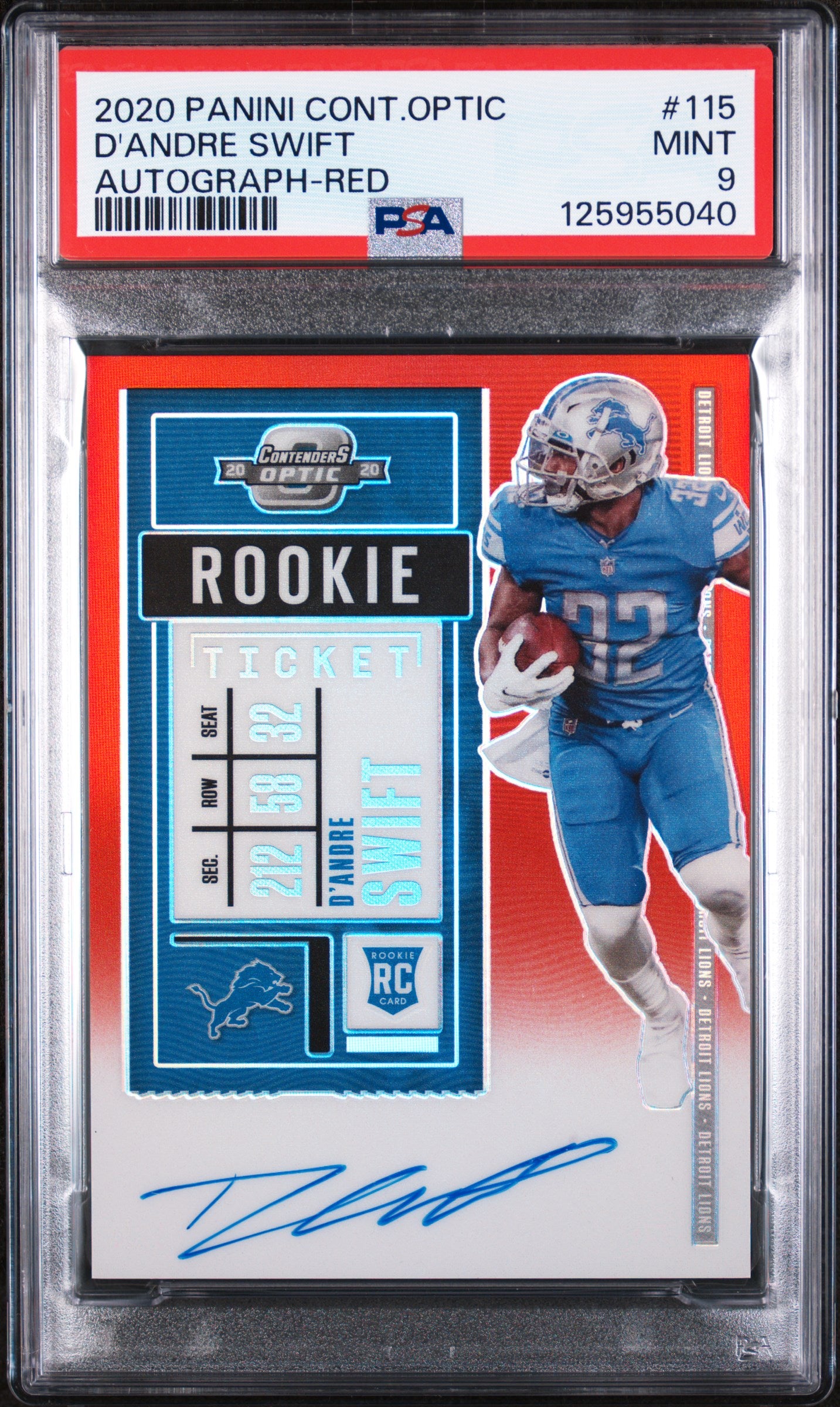 2020 Panini Contenders Optic Rookie Ticket Autograph Red D'Andre Swift #115 /199 PSA 9