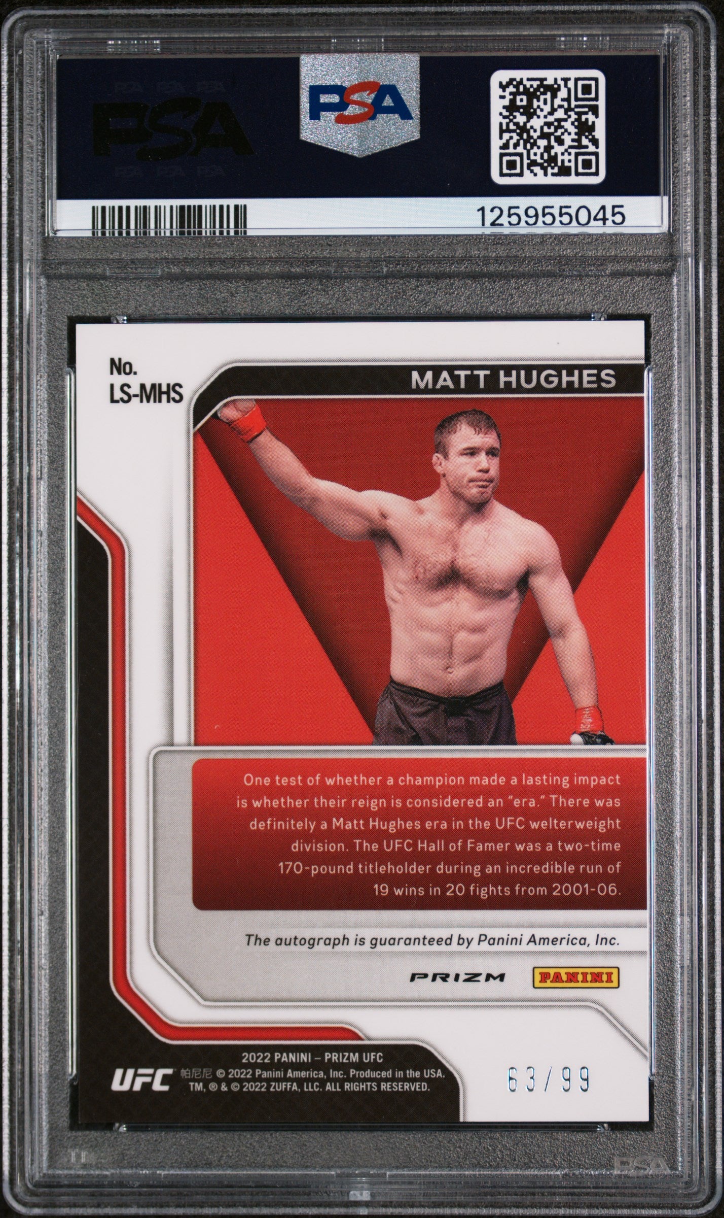2022 Panini Prizm UFC Legendary Signatures Red Prizm Matt Hughes #LSMHS /99 PSA 9