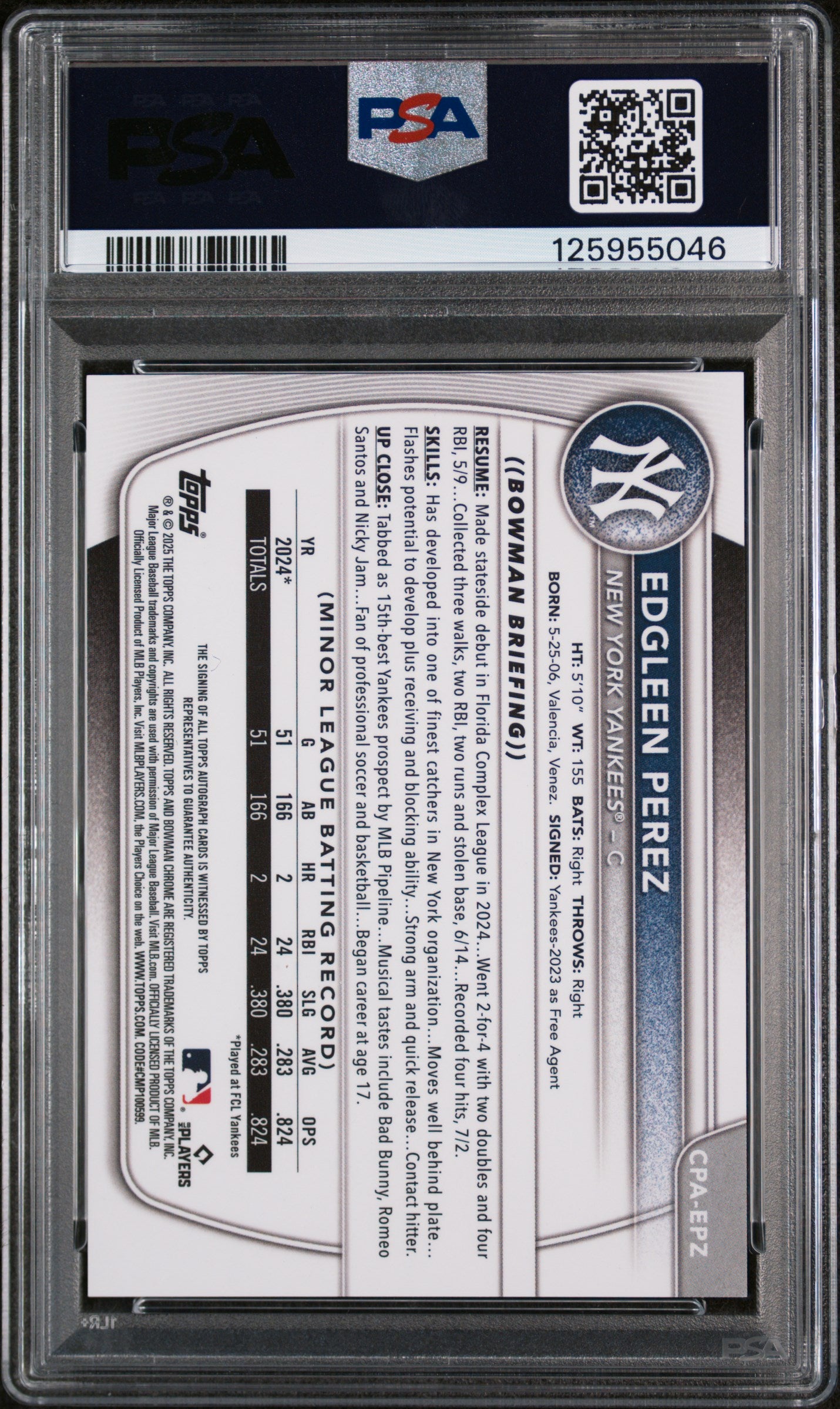 2025 Chrome Prospect Autographs Mini-Diamond Refractors Edgleen Perez #CPAEPZ /100 PSA 10