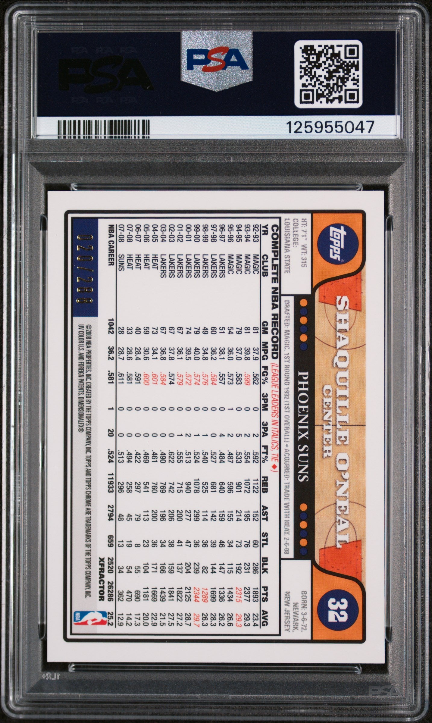 2008 Topps Chrome Xfractor Shaquille O'Neal #32 /288 PSA 10