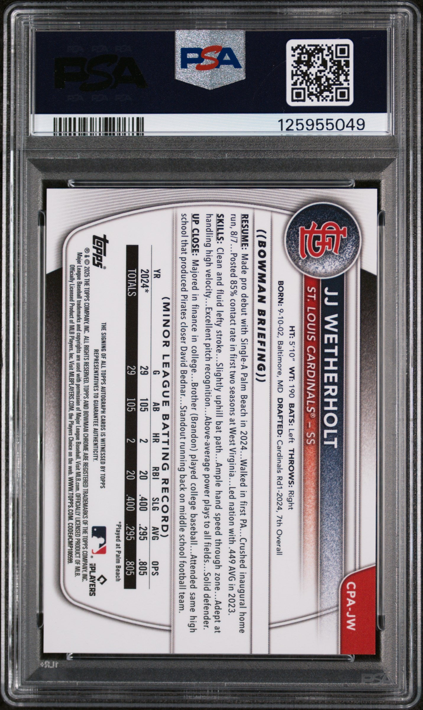 2025 Bowman Chrome Prospect Autograph JJ Wetherholt #CPAJW PSA 9