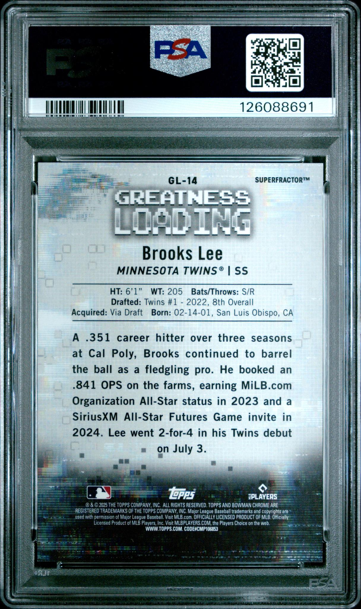 2025 Bowman Chrome Greatness Loading Superfractor Brooks Lee #GL-14 RC 1/1 PSA 9