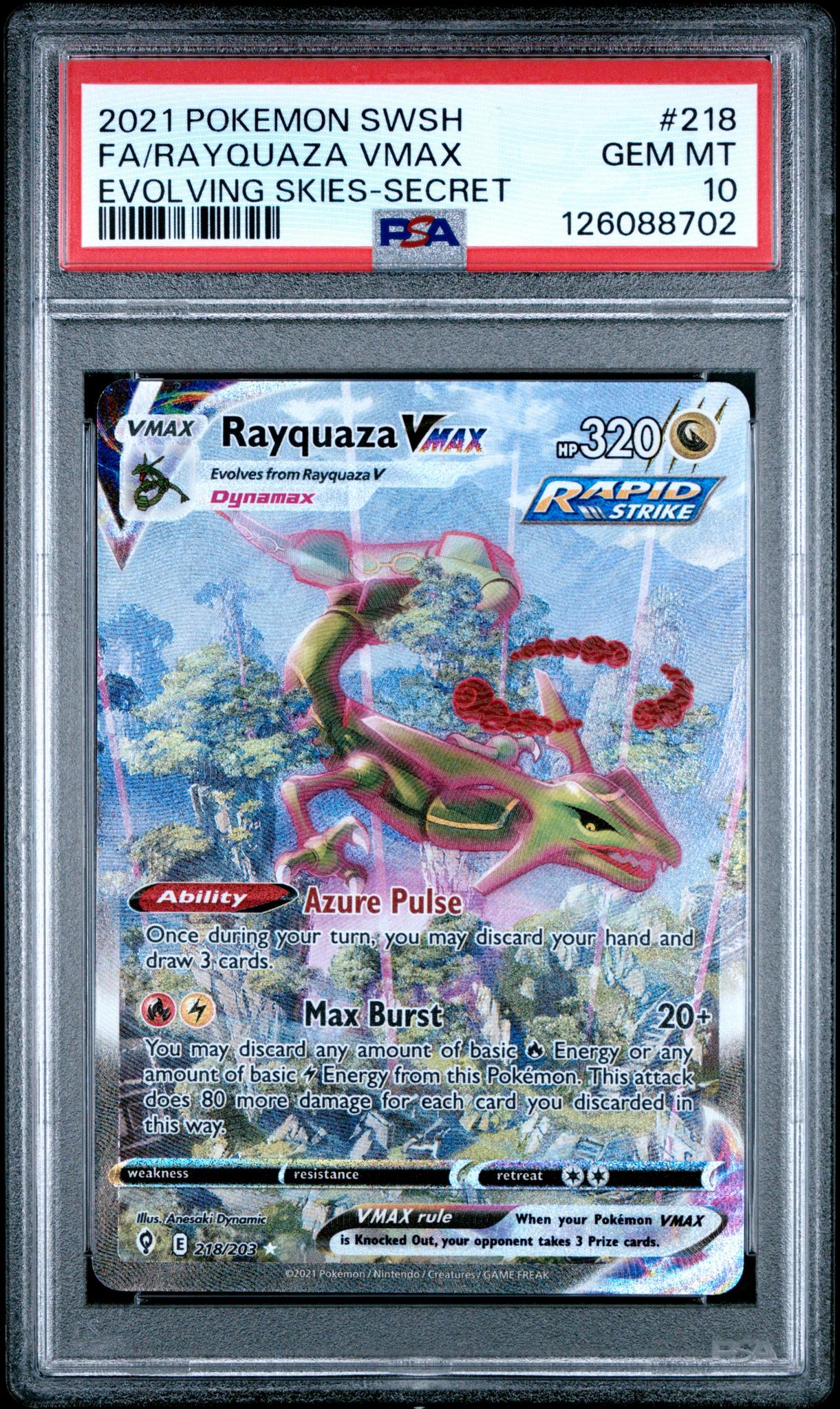2021 Pokemon SWSH Evolving Skies Full Art Secret Rare Rayquaza VMAX #218 PSA 10