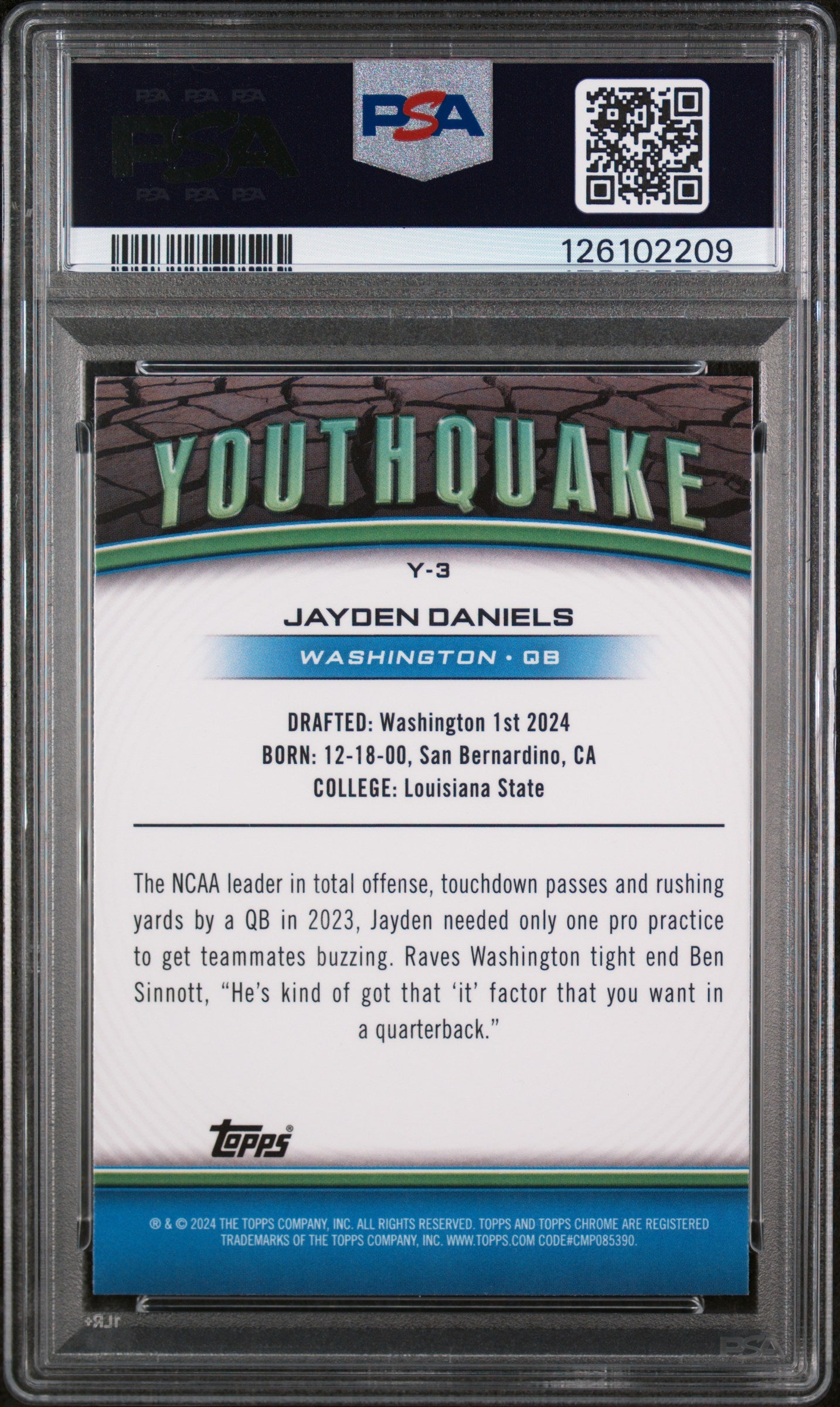 2024 Topps Chrome Youthquake Pink Refractor Jayden Daniels #Y-3 RC PSA 10