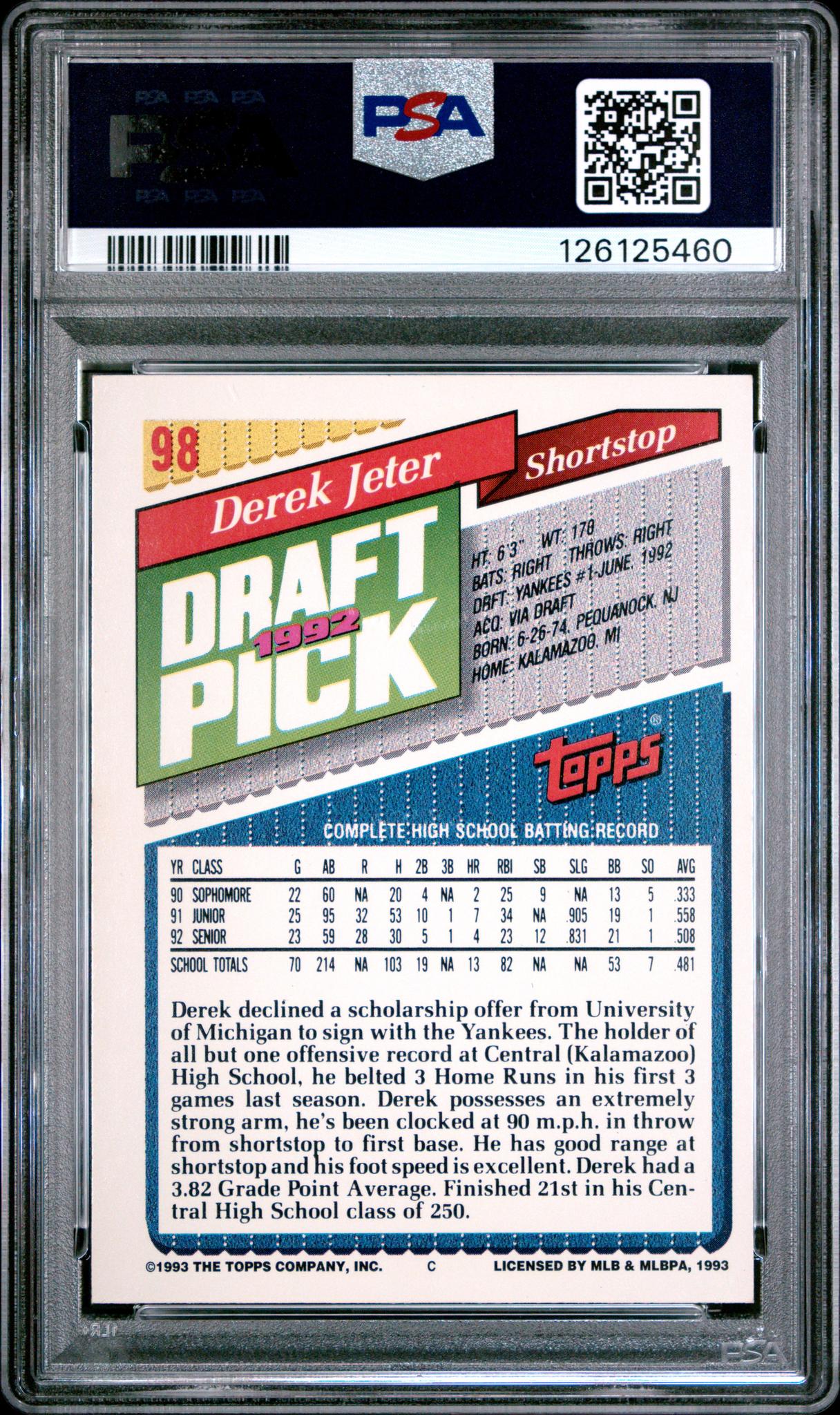 1993 Topps Gold Derek Jeter #98 PSA 6