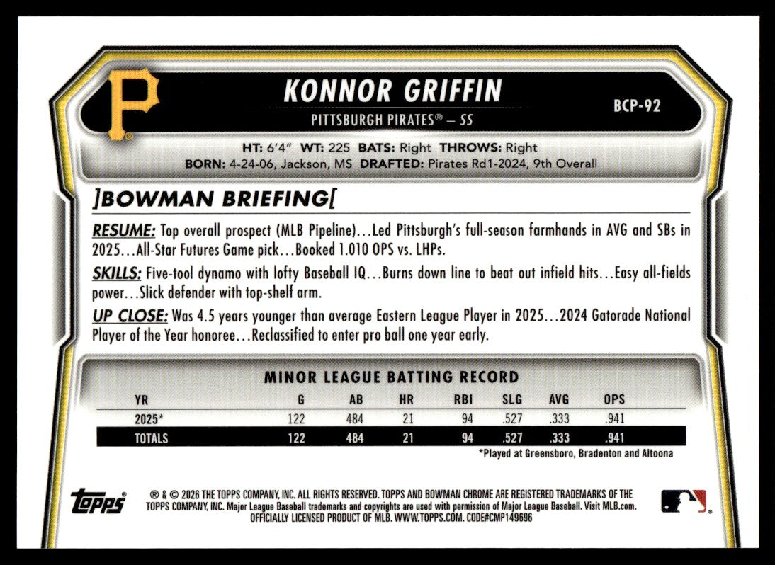 2026 Bowman Chrome Konnor Griffin Black Mojo Refractor /10