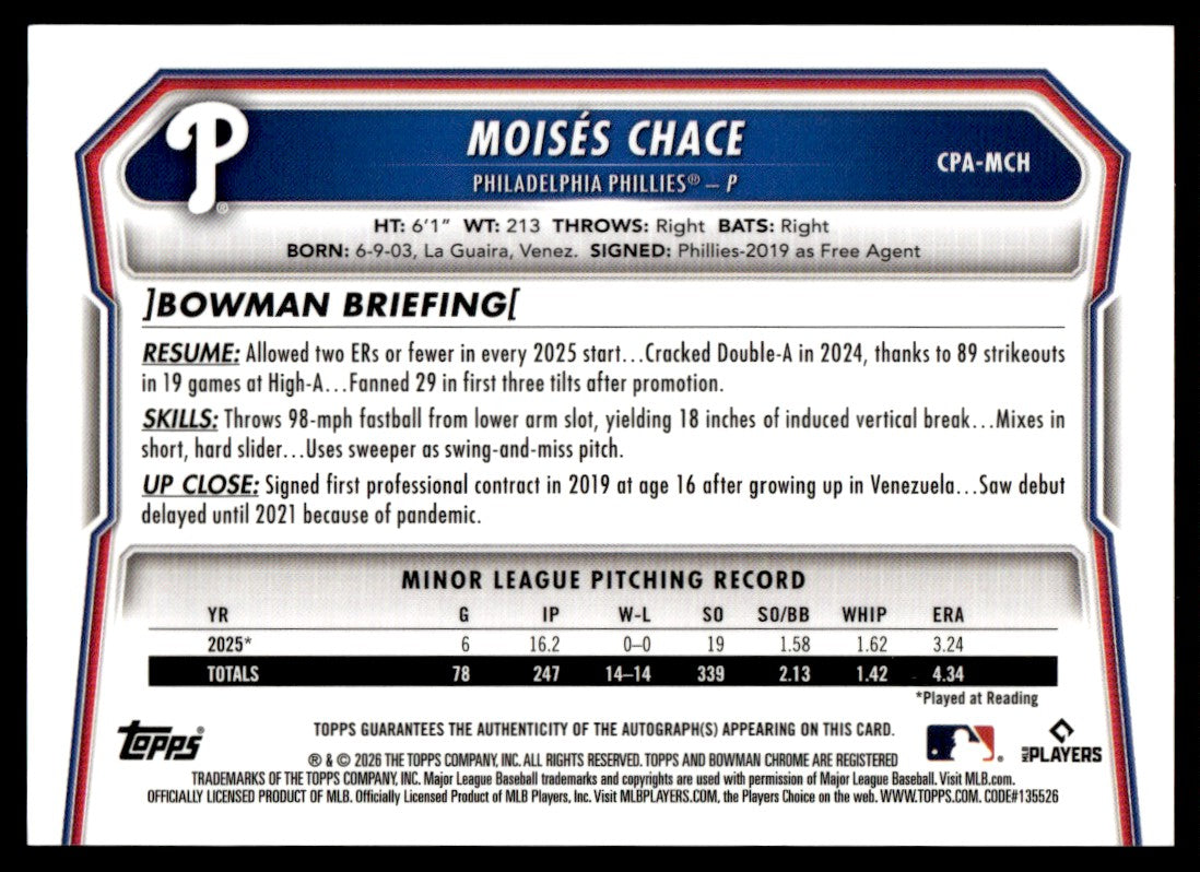 2026 Bowman Chrome Moises Chace 1st Yellow X-Fractor Auto /75