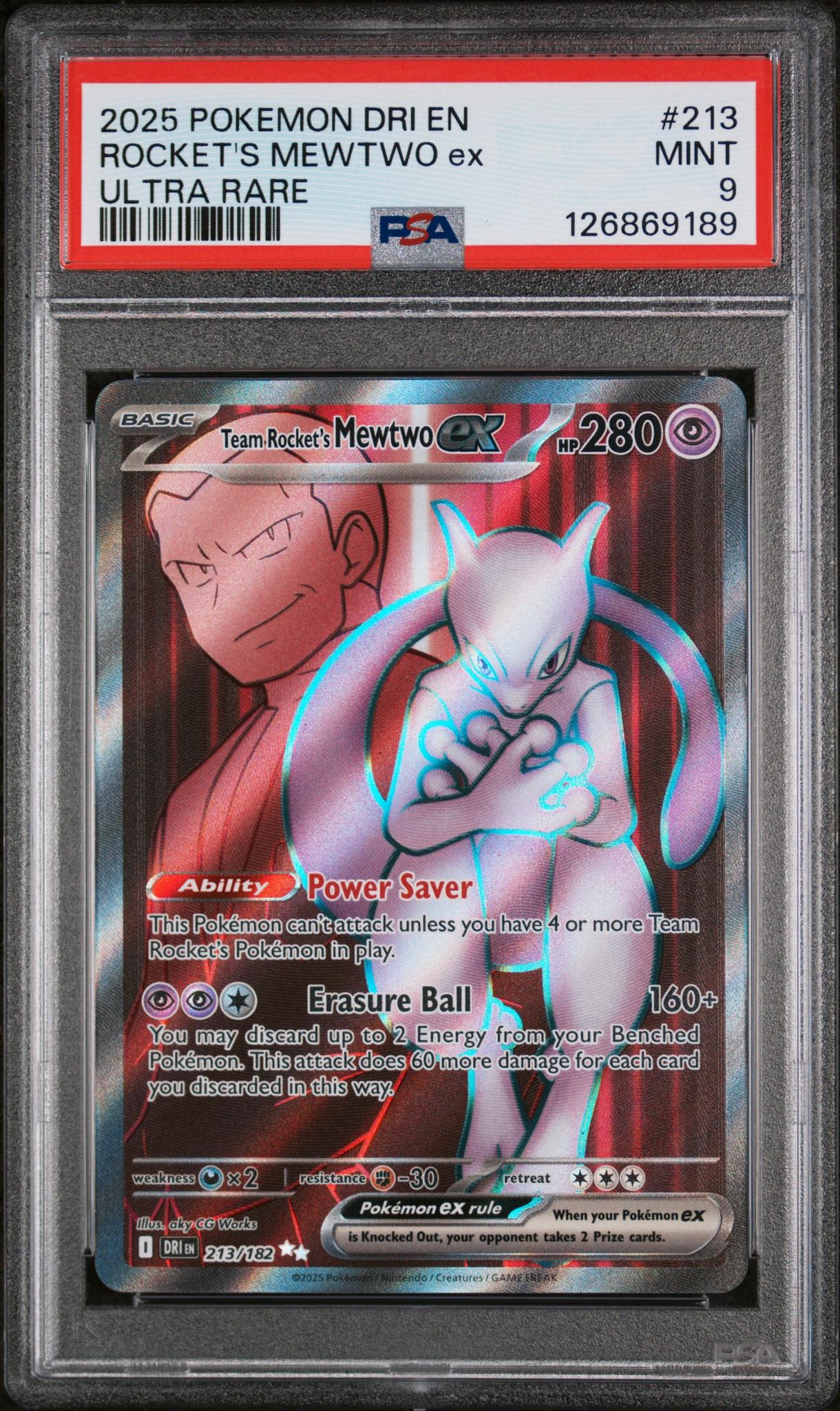 2025 Pokemon Destined Rivals Ultra Rare Team Rocket's Mewtwo Ex #213 PSA 9