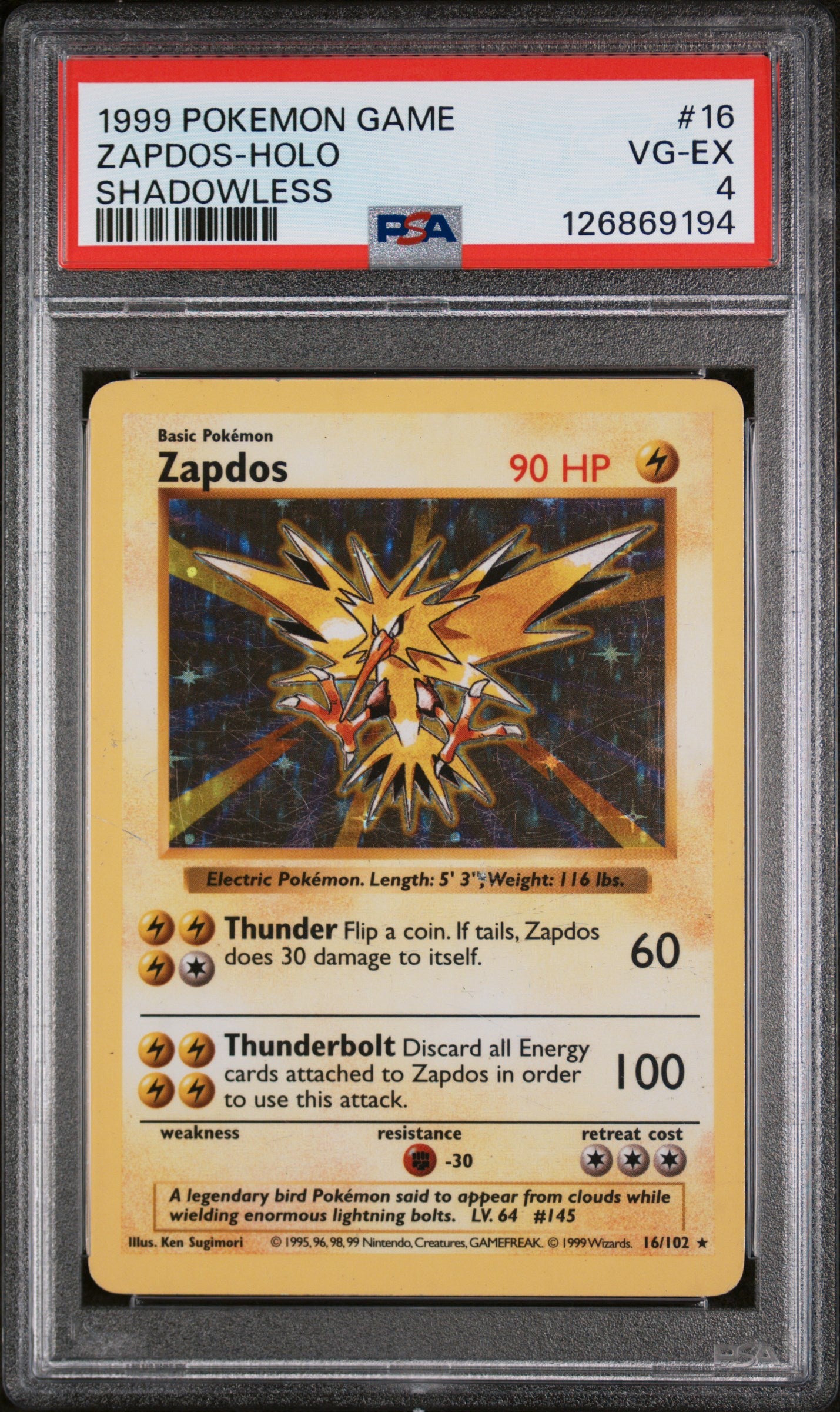 1999 Pokemon Base Set Shadowless Holo Zapdos #16 PSA 4