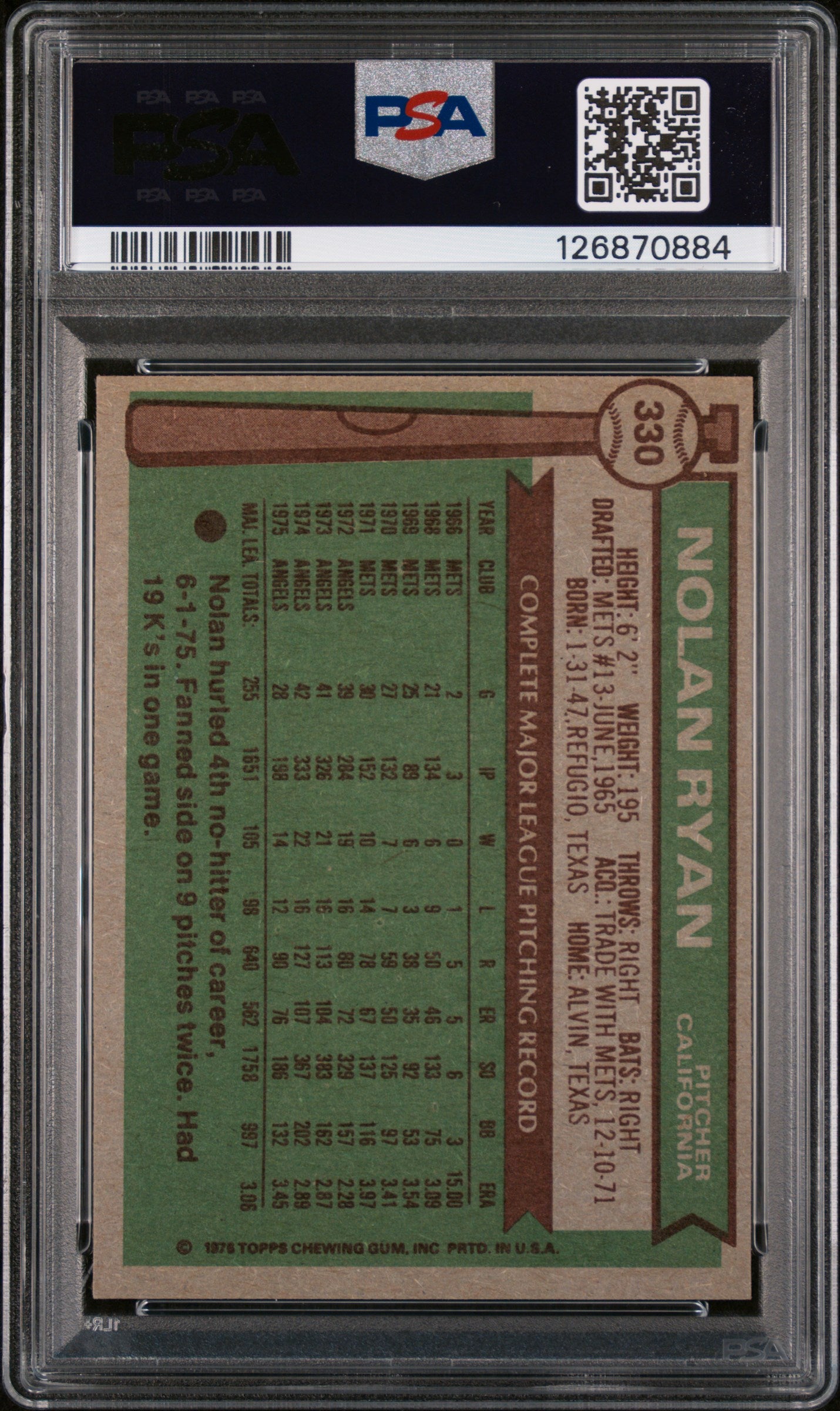 1976 Topps Nolan Ryan #330 PSA 6