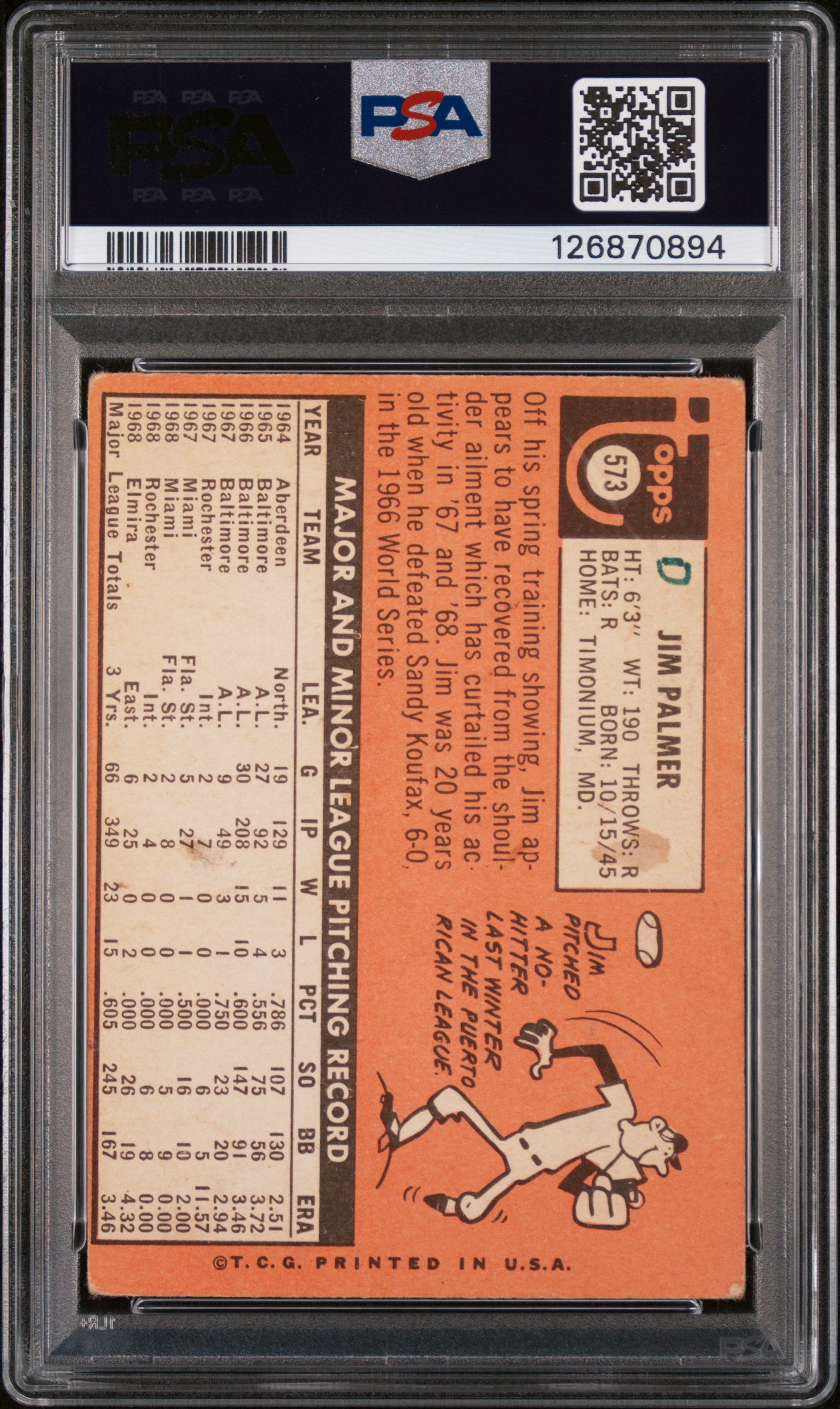 1969 Topps Jim Palmer #573 PSA 2