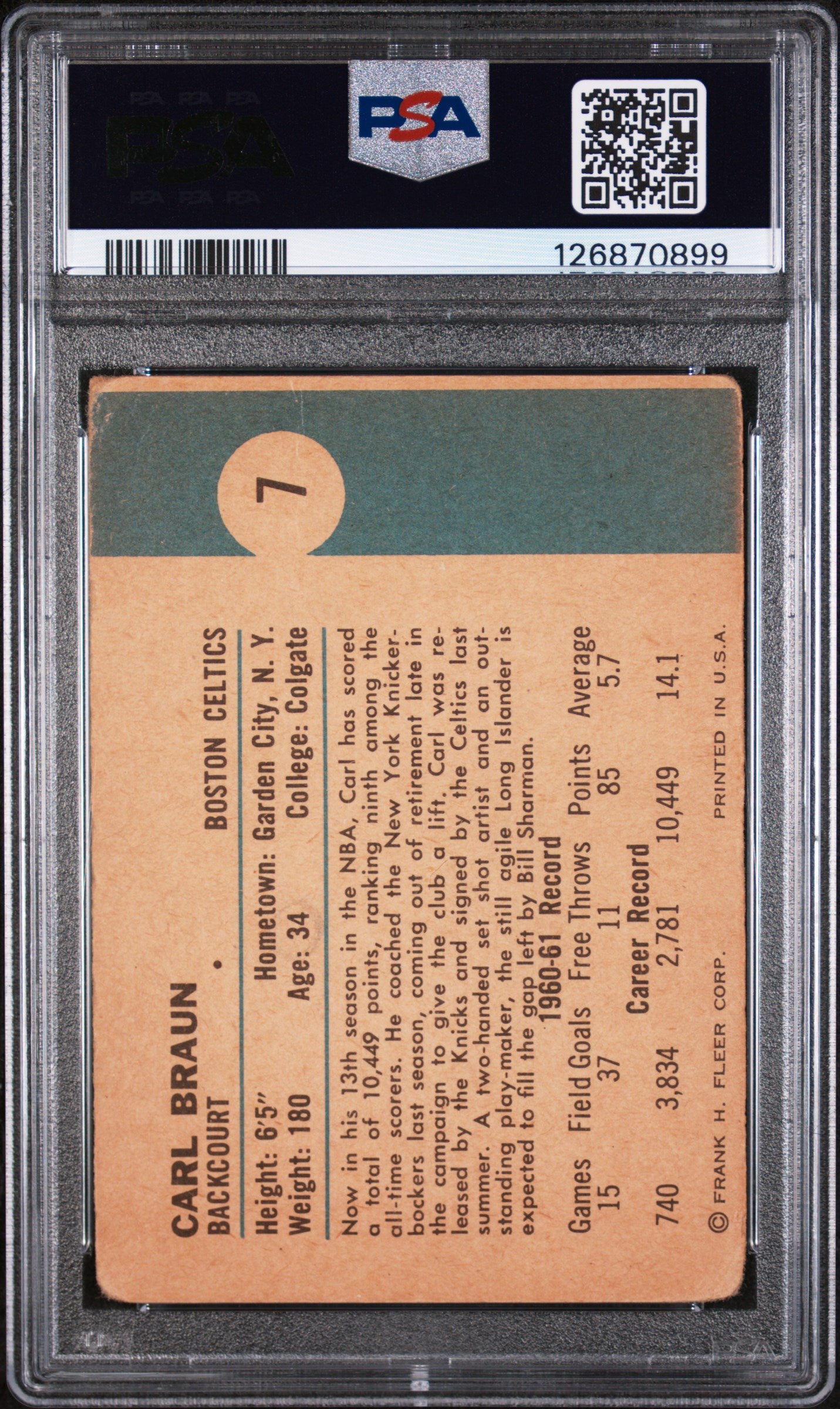 1961 Fleer Carl Braun #7 PSA 1