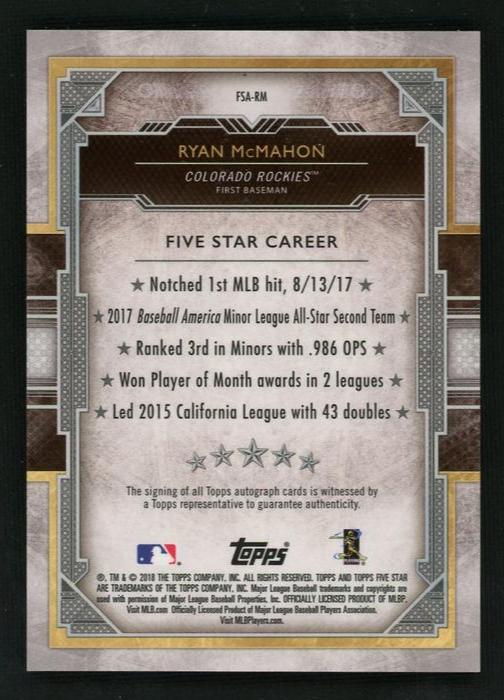 Topps Five Star FSA-RM Ryan McMahon Rookie Colorado Rockies Auto