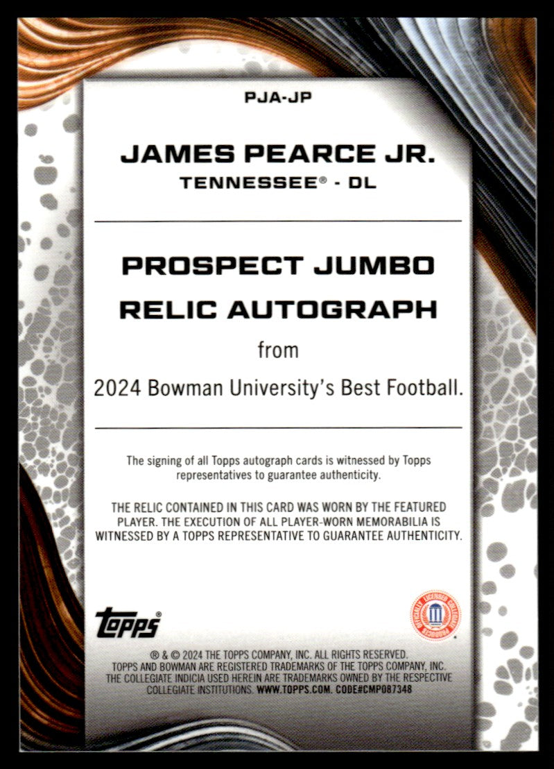 2024 Bowman PJA-JP James Pearce Jr. Prospect Jumbo Relic Autograph Tennessee