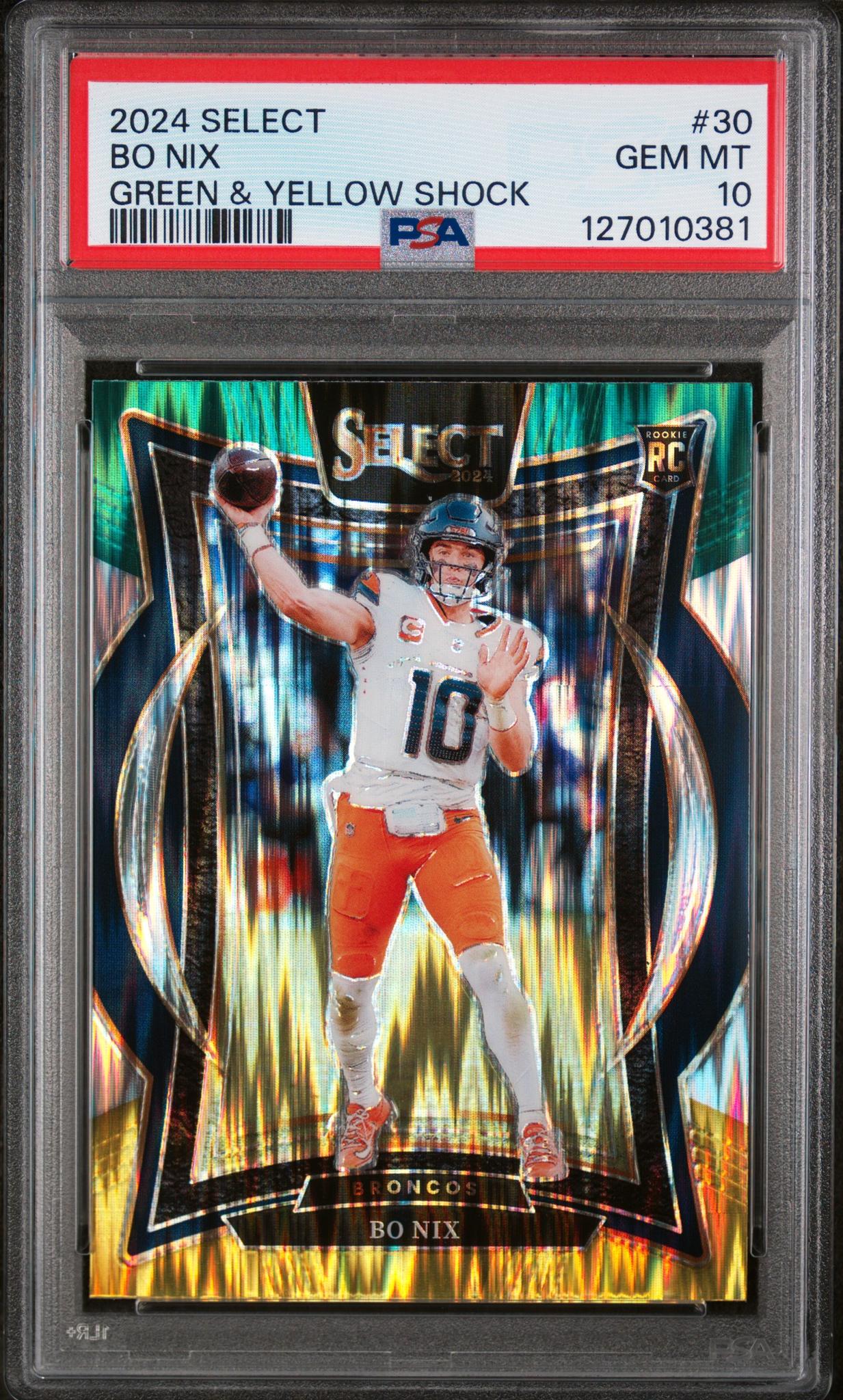 2024 Panini Select Green & Yellow Shock Bo Nix #30 PSA 10
