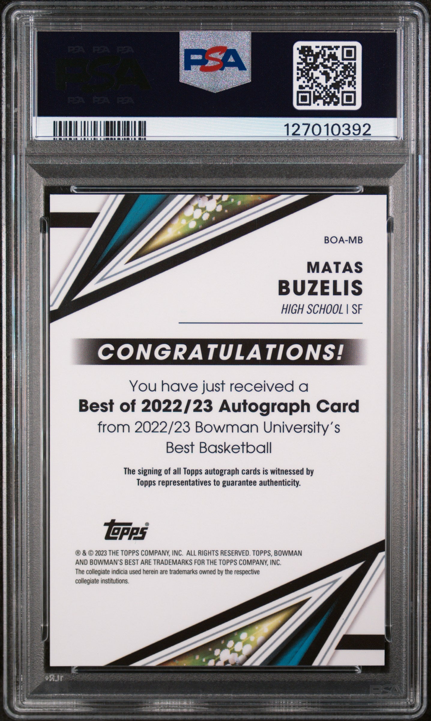 2022 Bowman's Best University Best of '22 Autograph Matas Buzelis #BOAMB PSA 9