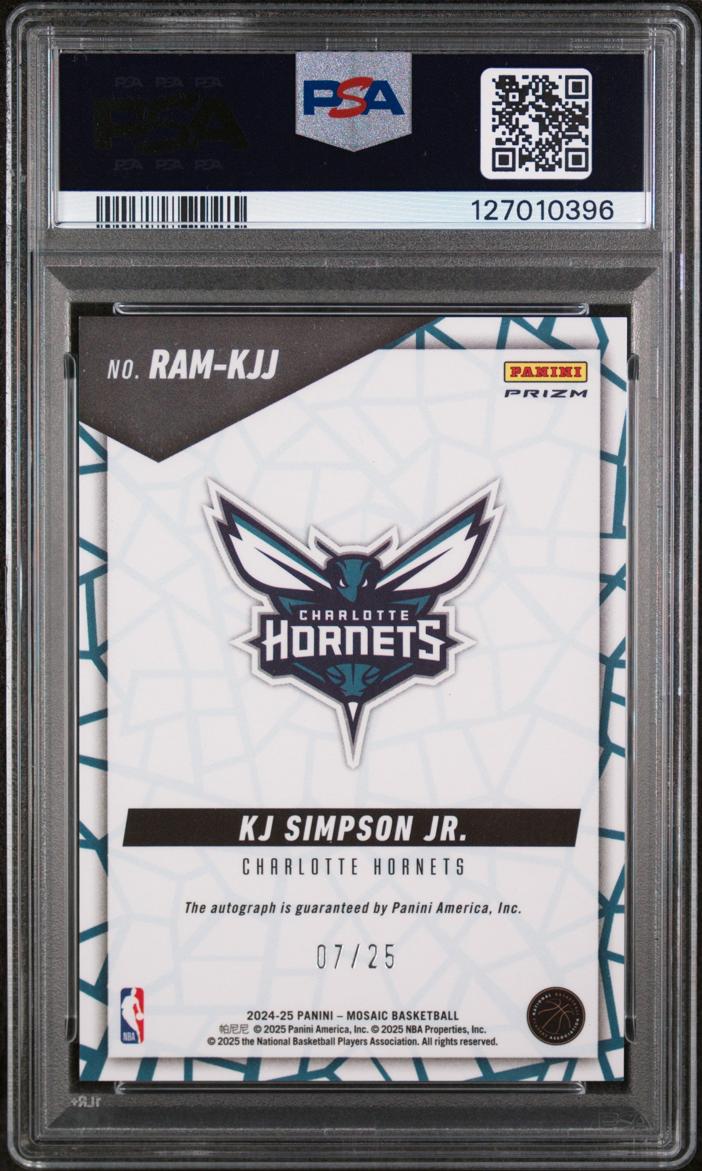 2024 Panini Mosaic Rookie Autographs Mosaic White Kj Simpson Jr. #RAMKJJ /25 PSA 10