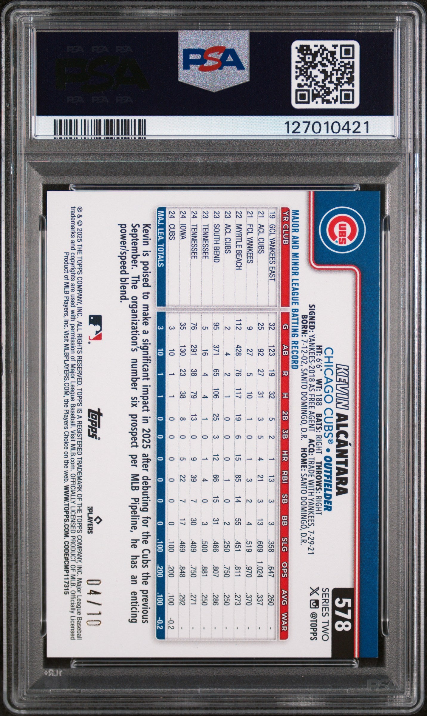 2025 Topps Big Apple-Black Foil Kevin Alcantara #578 /10 PSA 9