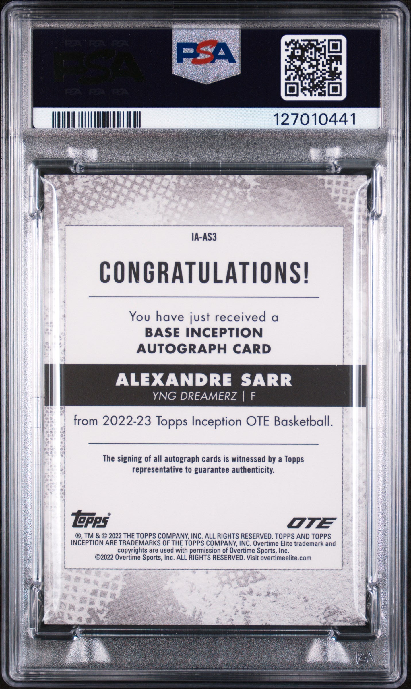 2022 Topps Inception Ote Overtime Elite Autographs Autograph-Magenta Alex Sarr #IAAS3 /99 PSA 9