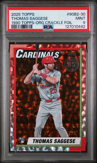 2025 Topps 1990 Topps Baseball Series 2-Orange Crackle Foil Thomas Saggese #90B2-30 /25 PSA 9