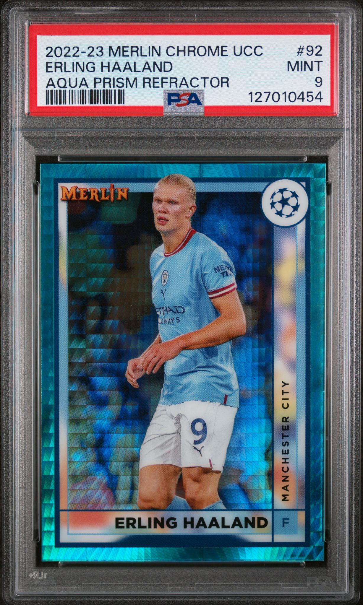 2022 Topps Merlin Chrome UEFA Club Competitions Aqua Prism Erling Haaland #92 PSA 9